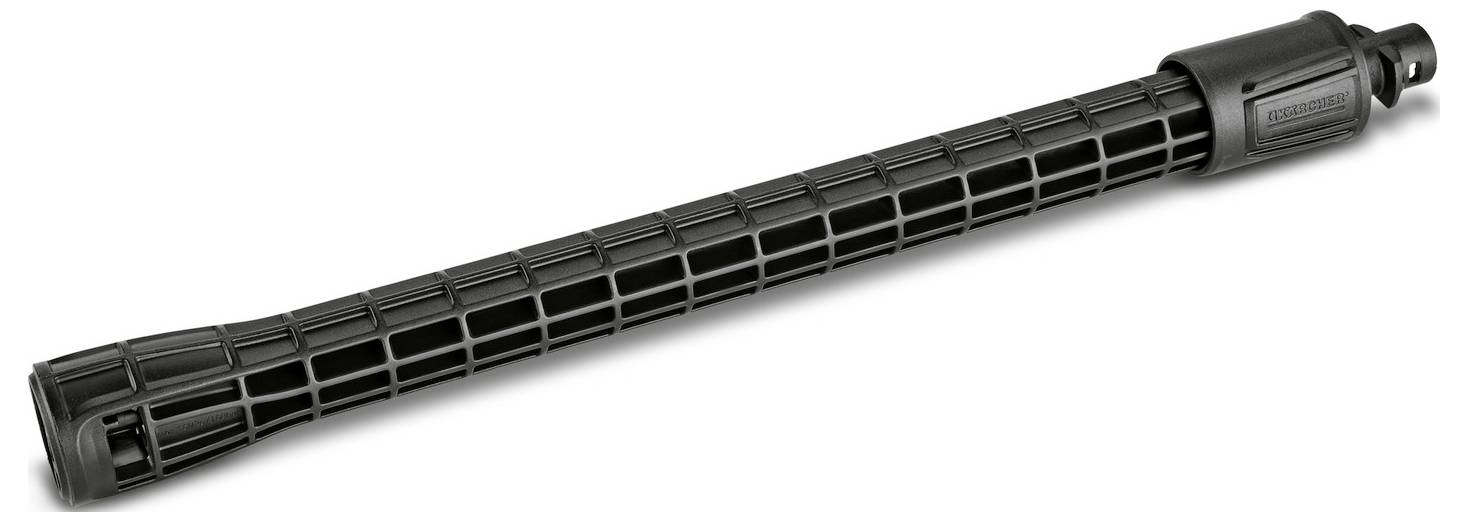 A black power washer nozzle extension with a textured grip lies horizontally, showing its elongated, sturdy design suitable for high-pressure cleaning.