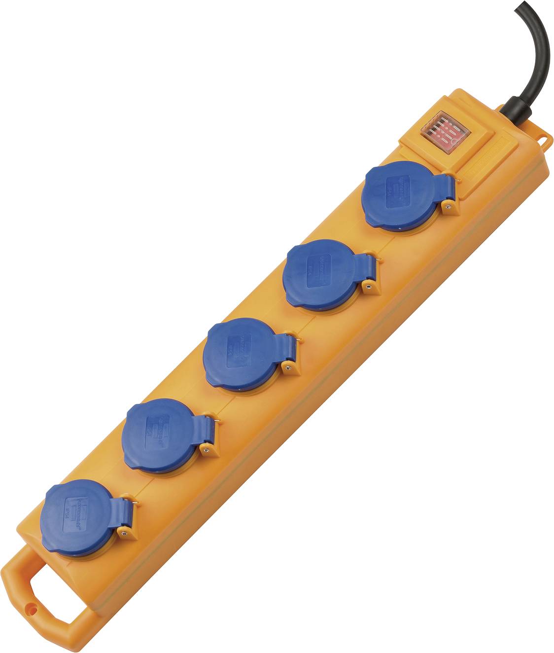 Orange power strip with five blue covered outlets and a black cord on a white background.