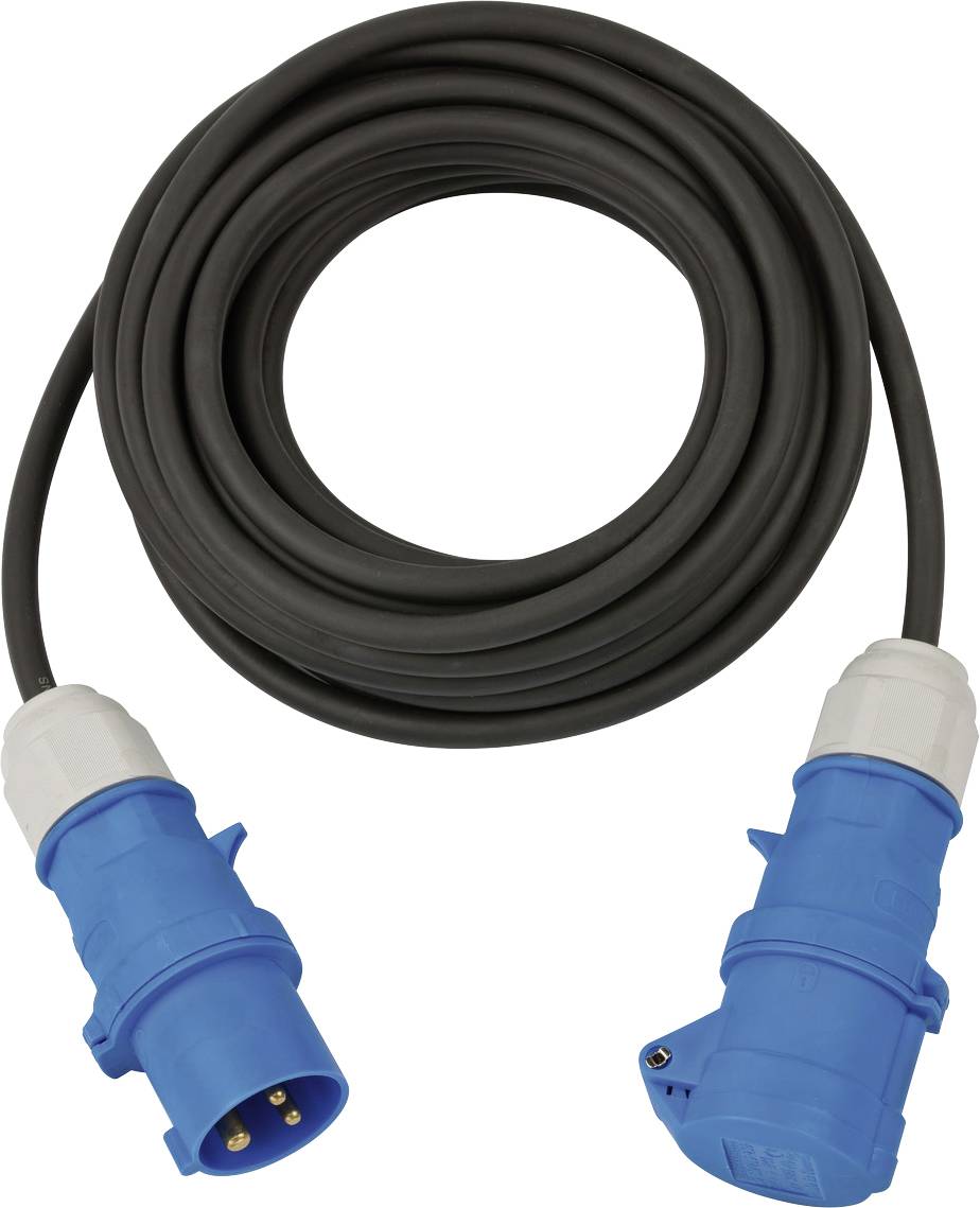 Coiled black industrial power cable with blue plug and socket connectors on a white background.