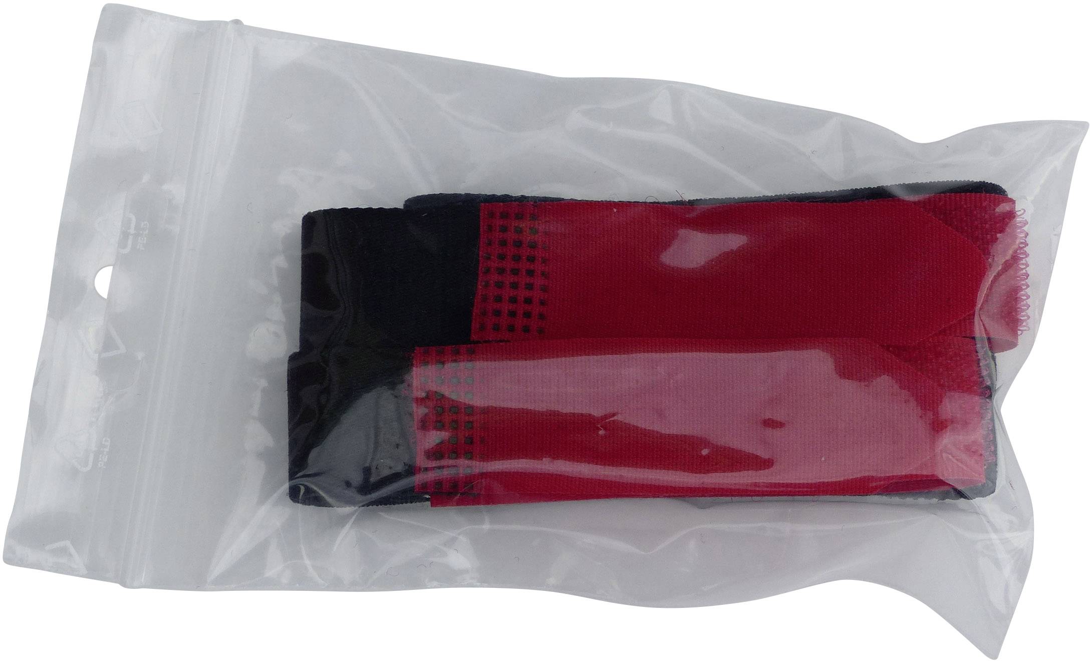 Red and black sports wristband in a clear plastic packaging.