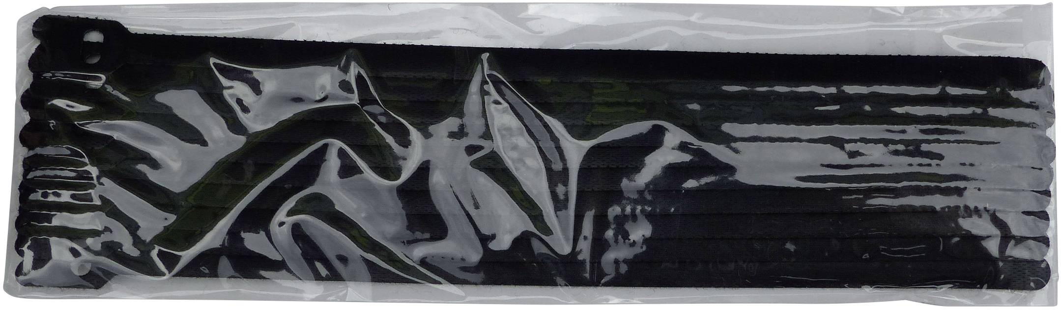 Black cable ties in a transparent plastic bag, positioned horizontally.