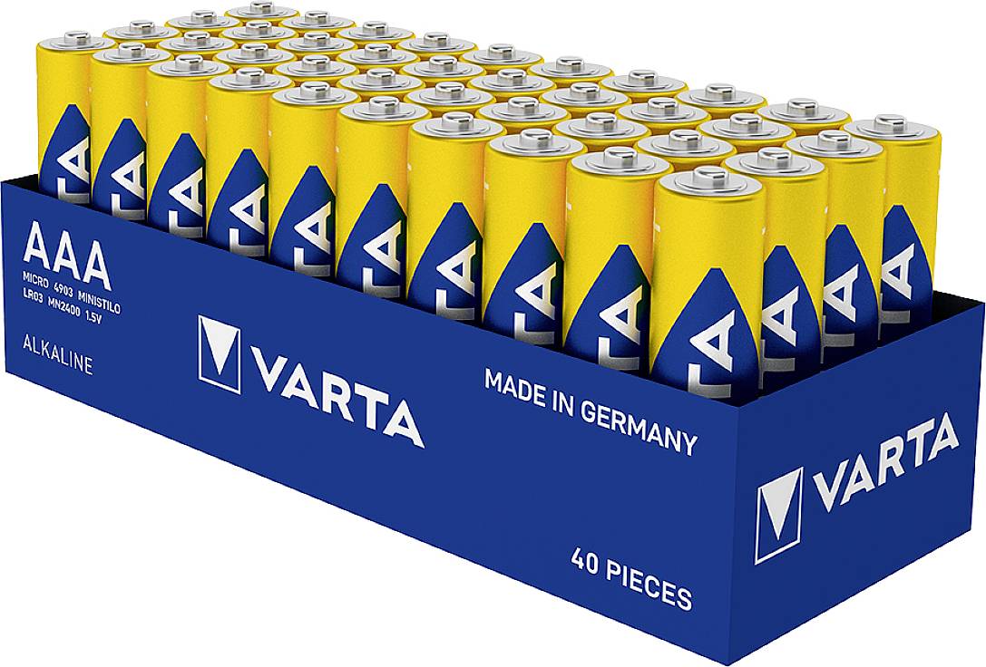 Varta AAA Alkaline Batteries, 40 pieces in a blue packaging. Label: Made in Germany.