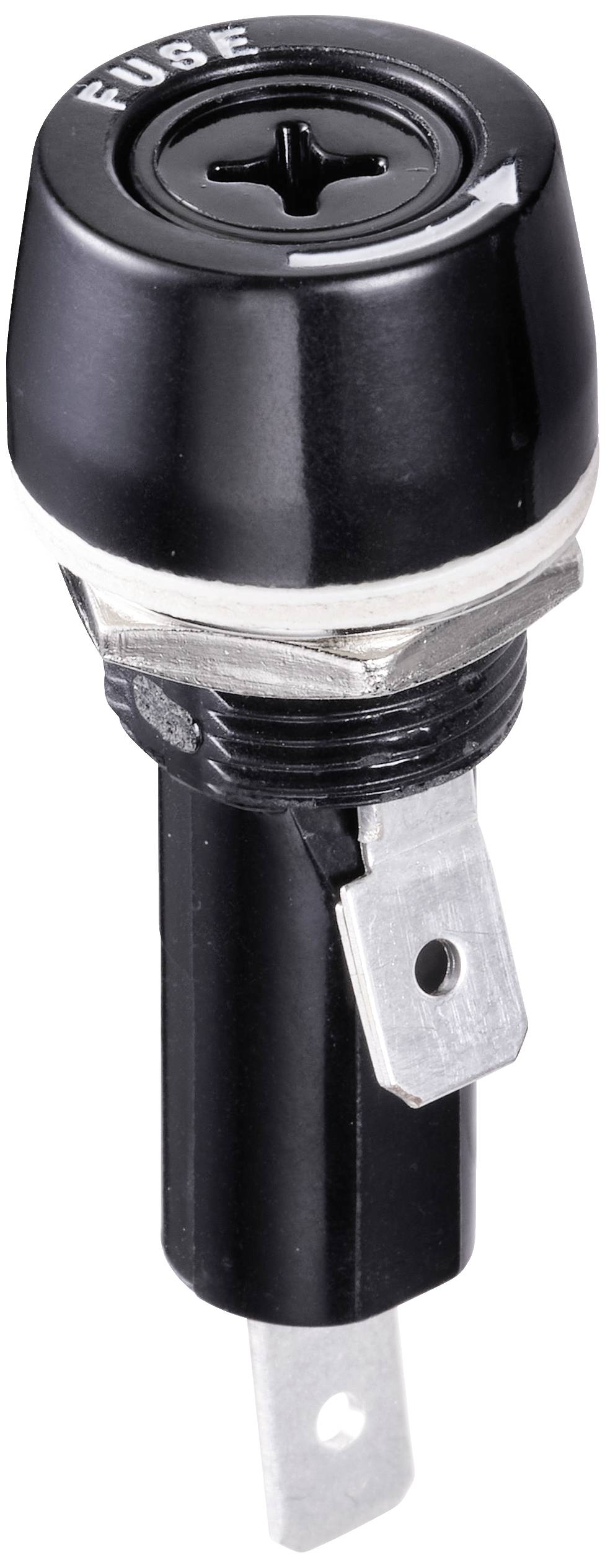 Black fuse holder with metal thread and 'FUSE' printed on top. Two metal contacts at the bottom for electrical connections.