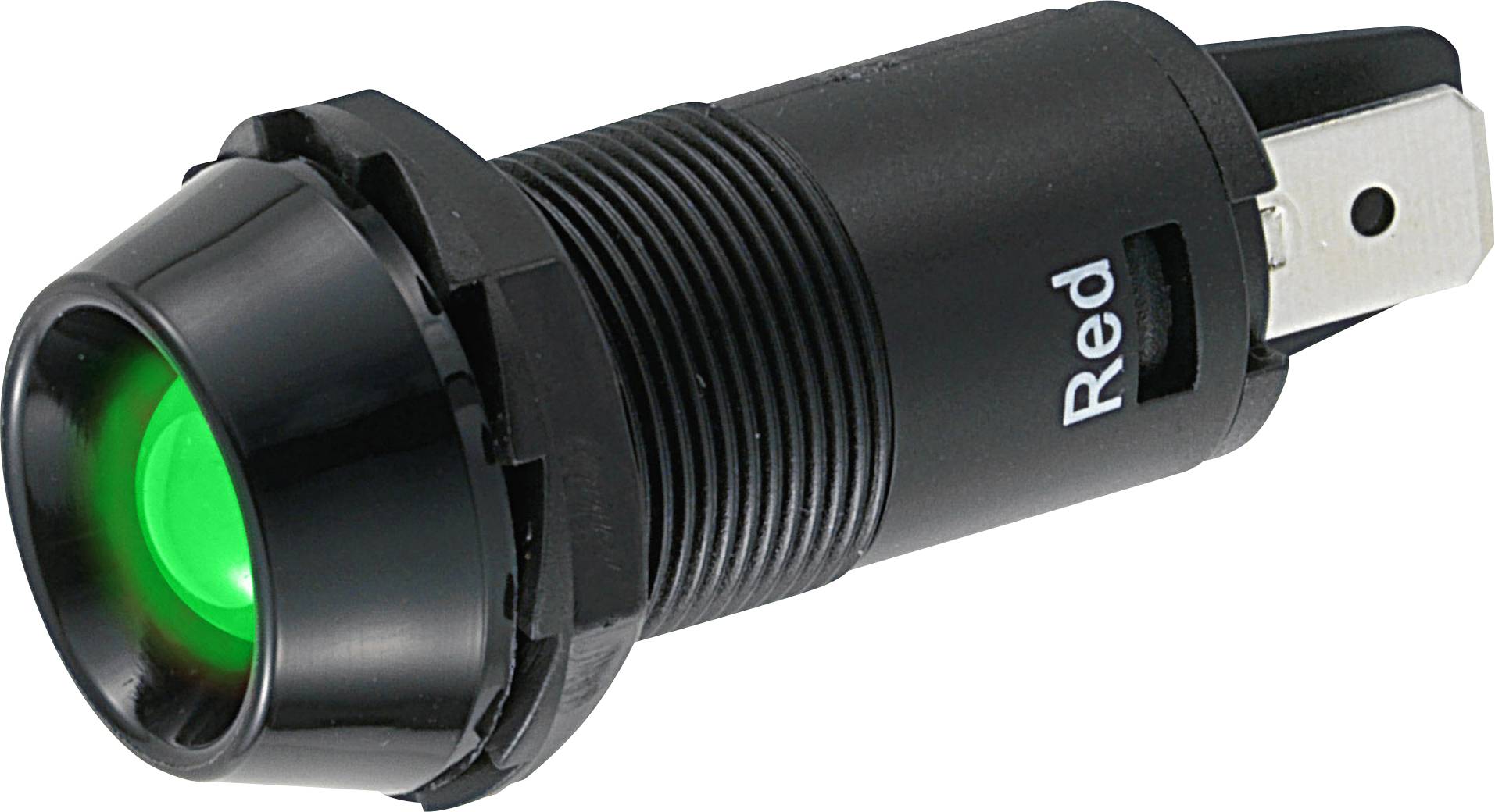 Black toggle switch with green illuminated LED and the label 'Red'.