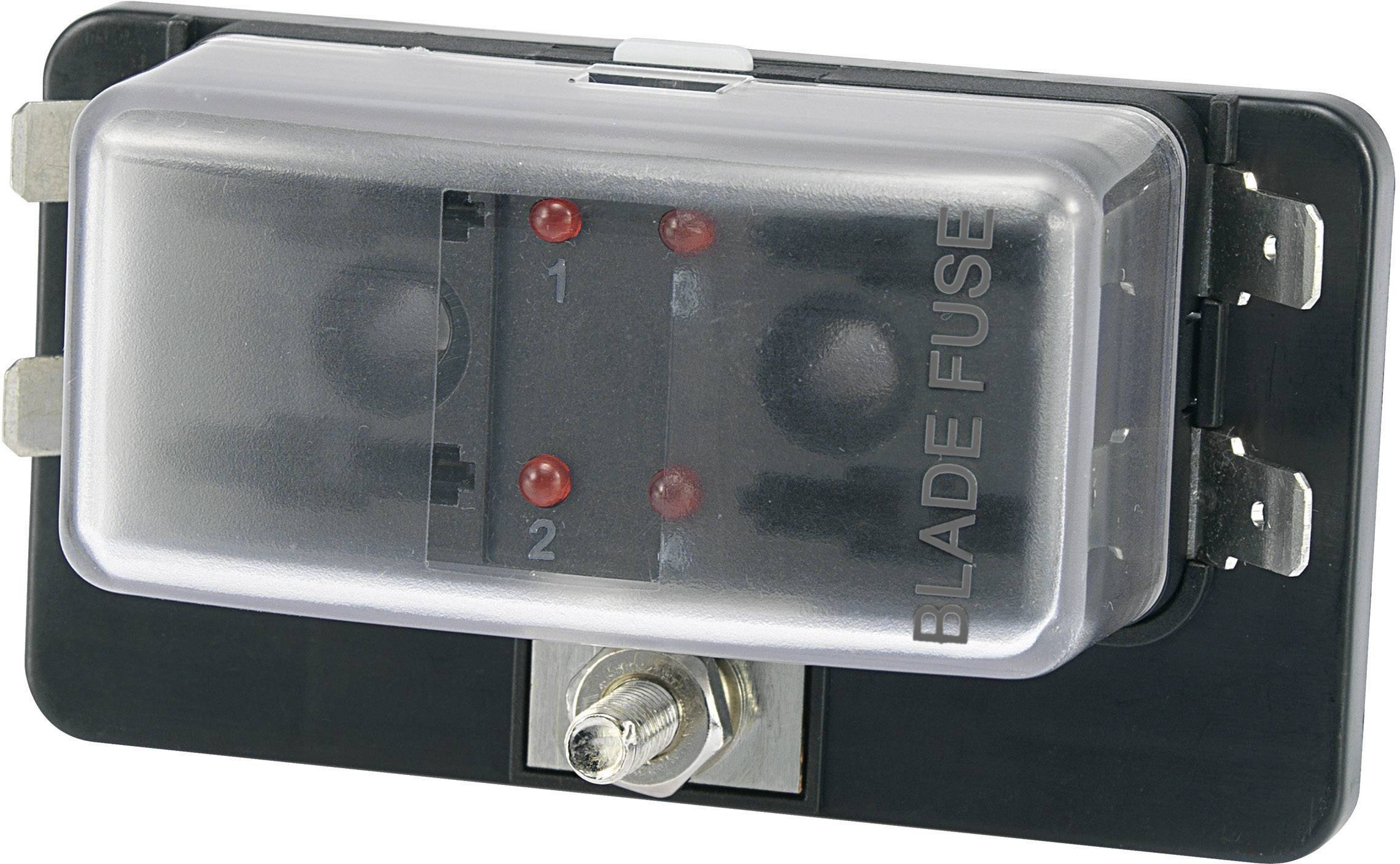 A rectangular fuse holder with a transparent cover. It displays two red indicator lights and bears the inscription 'ELADE FUSE'.