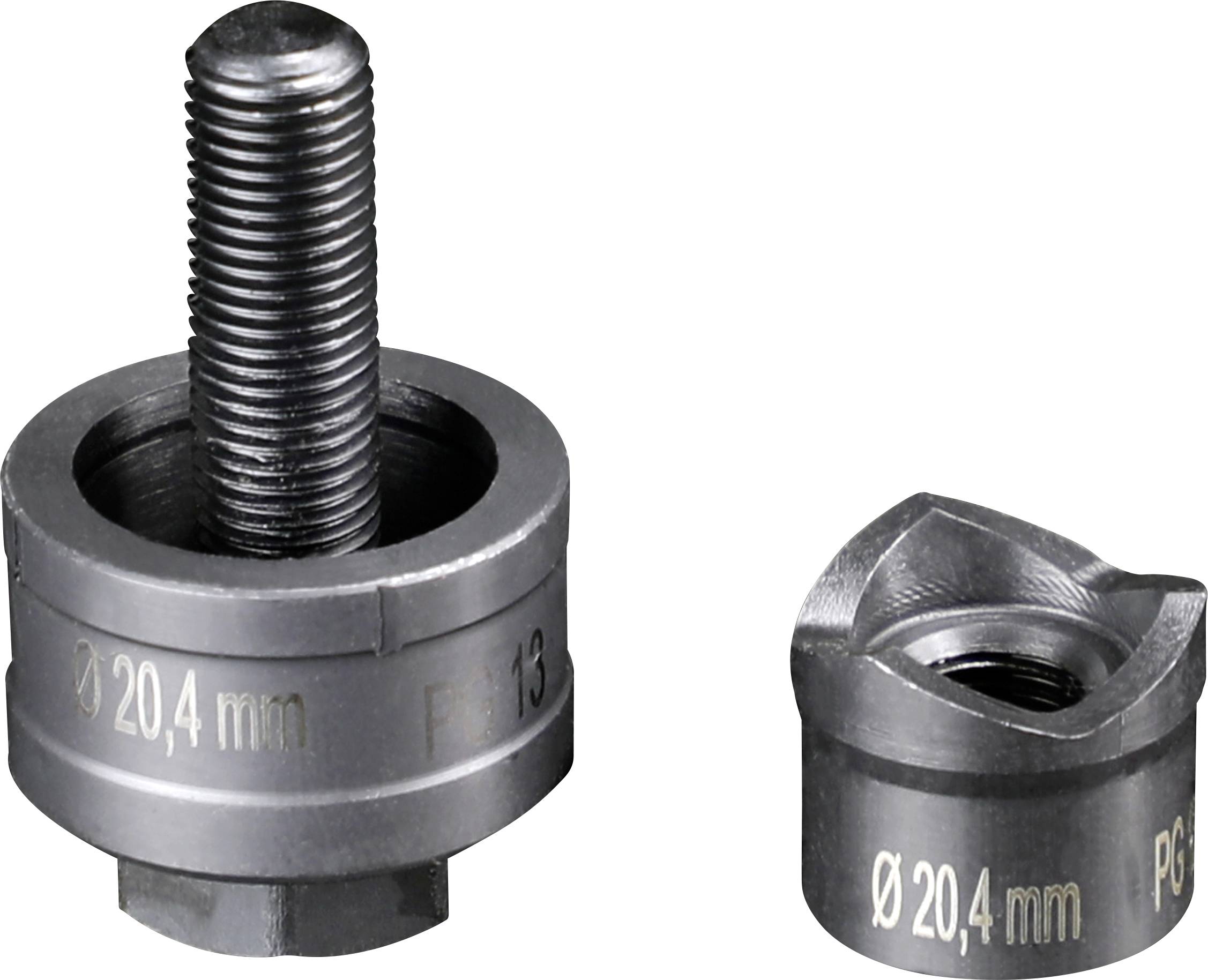 Two metal drill bit attachments: On the left, a larger attachment with threading, on the right a smaller attachment. Both marked with 'Ø 20.4 mm'.