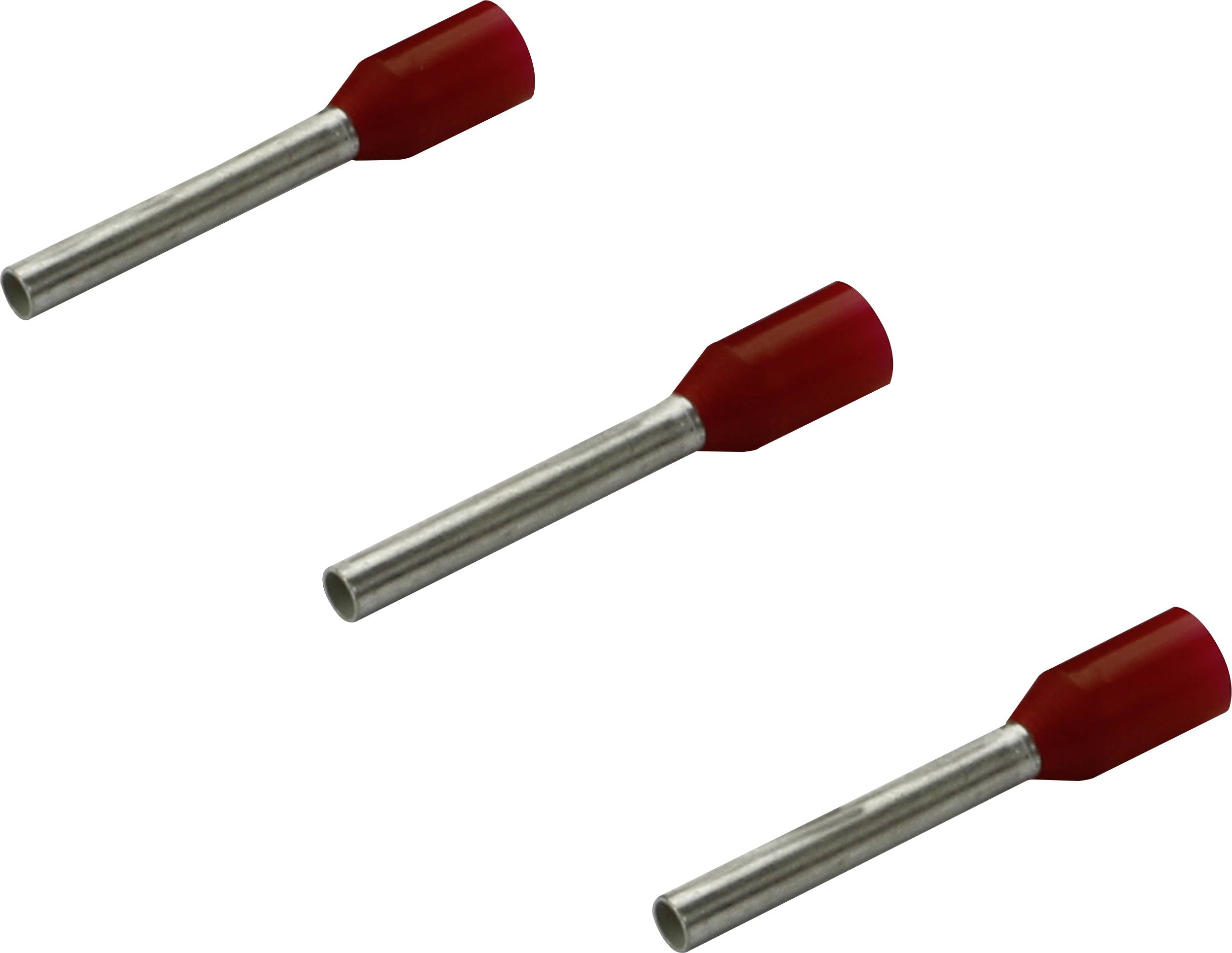 Three red cable end ferrules on a white background in a diagonal arrangement.