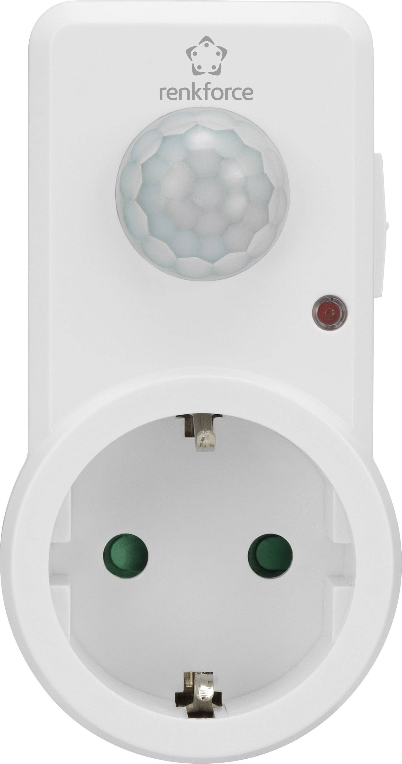Socket with motion sensor and brand logo, identifiable by a light sensor and a power plug connection on the front.