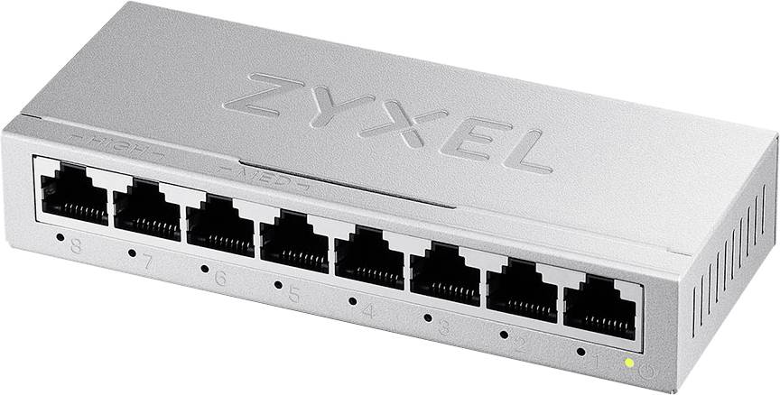 A 'ZYXEL' network switch with eight Ethernet ports, used for connecting multiple devices in a local area network.