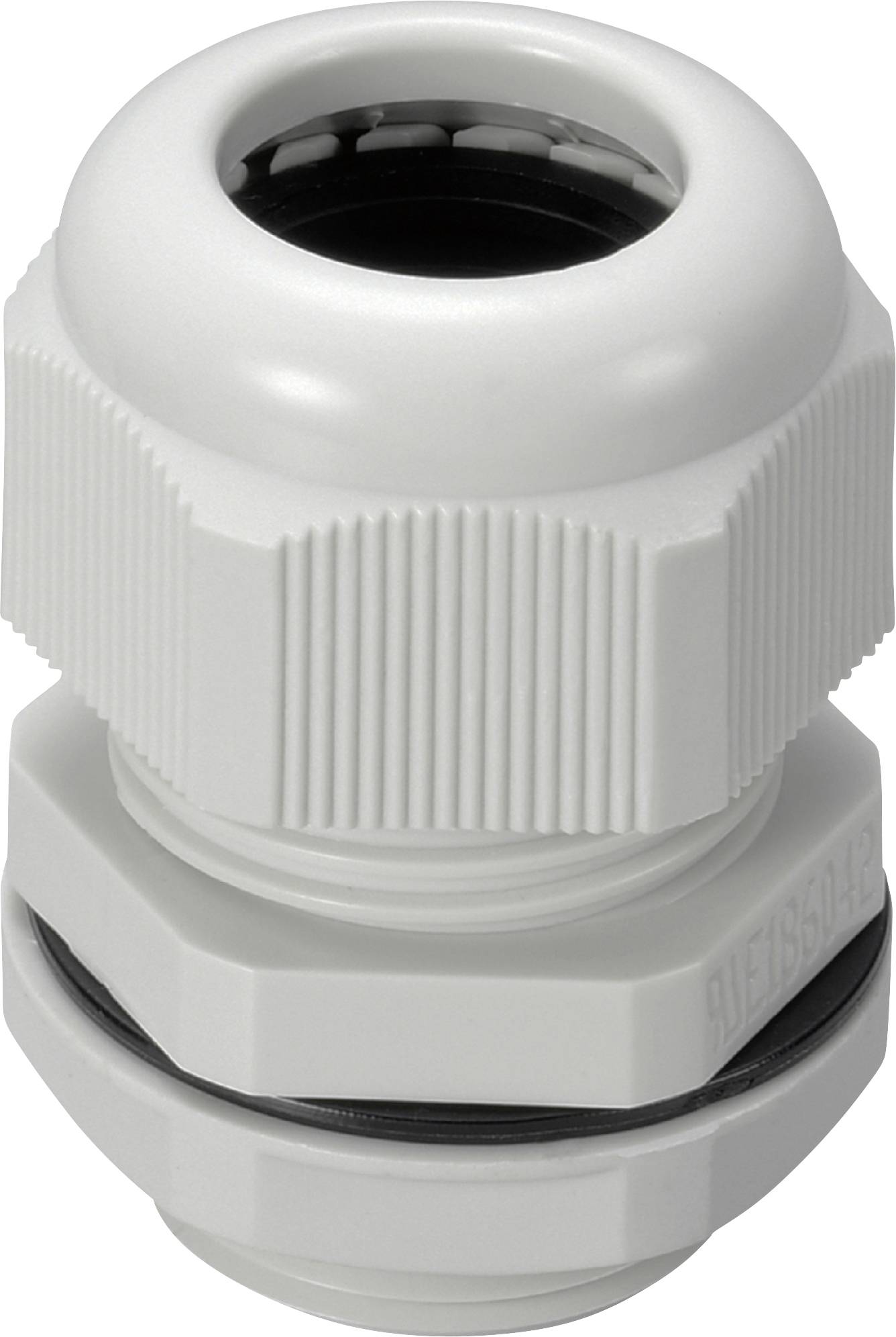 White plastic cable gland fitting with threaded body and black sealing ring, used to secure and seal a cable entry.
