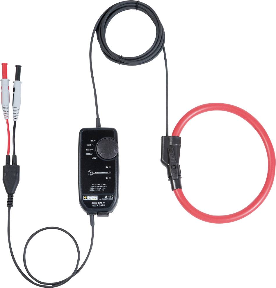 A digital electricity metre with two cables. One is red and ring-shaped, the other has black and red clamps.