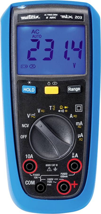 Digital multimeter with blue casing shows 231.4 volts. Display includes symbols and range setting. Clearly readable screen.