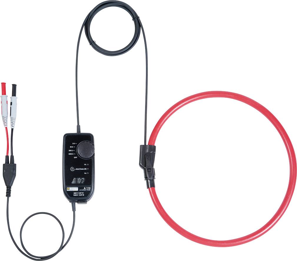 Measuring tool for current measurement with a red measuring loop, black control unit, and cables with connections, for electrical applications.
