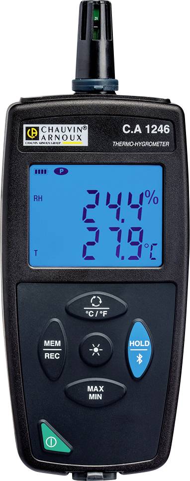 Digital Thermo-Hygrometer with Display. Shows '34.1%' for humidity, '27.9°C' temperature. Buttons for functions underneath.