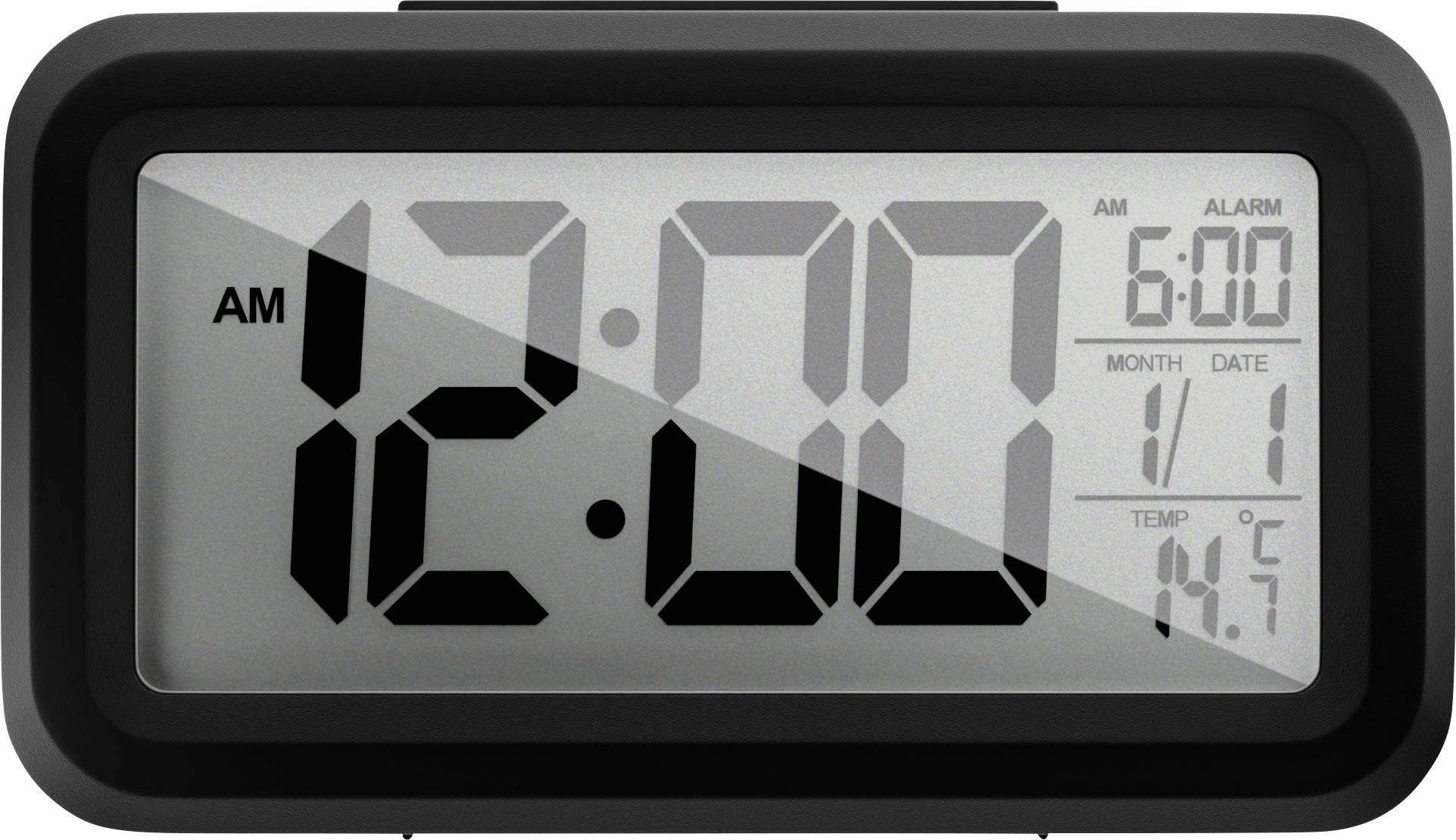 A digital clock displays '12:00 AM' with smaller icons for alarm, date, and temperature, suggesting its multifunctional design.