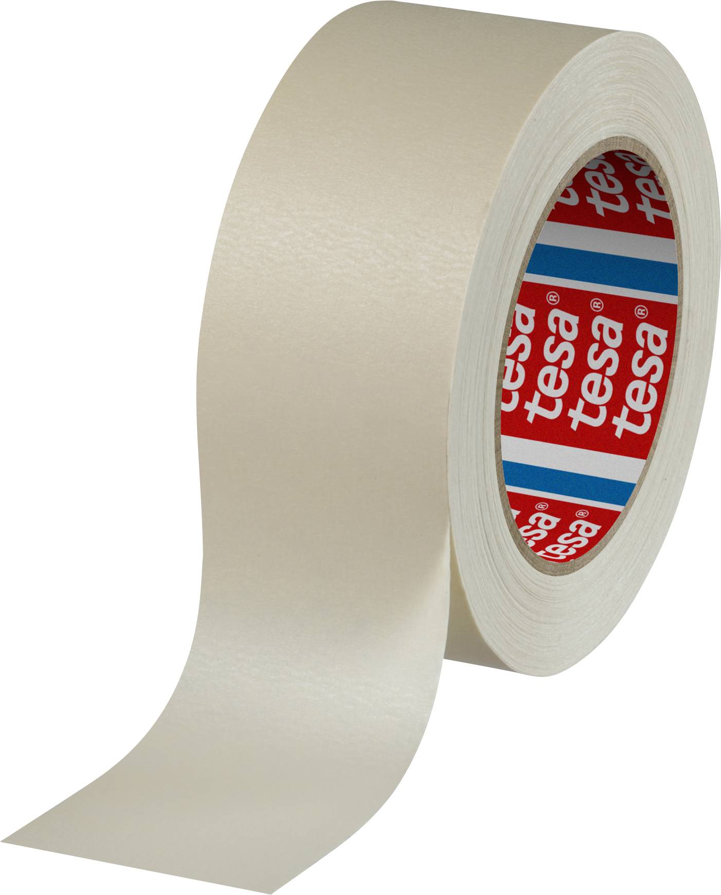 A roll of beige adhesive tape stands upright, with a loose strip unrolling to the right. The interior reveals the 'tesa' brand.