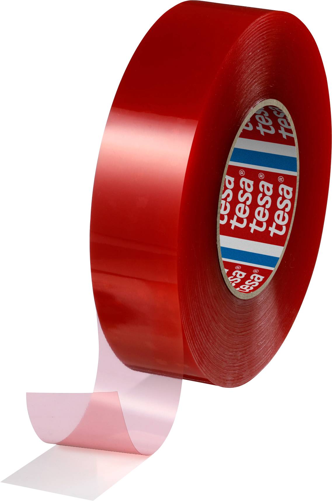 Roll of red adhesive tape, part of the tape being peeled off.