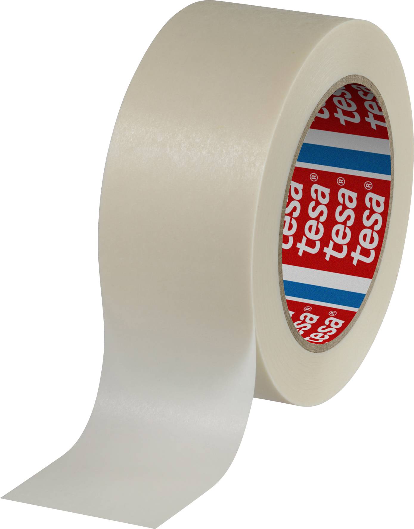 A roll of translucent adhesive tape with a red label inside, on which 'tesa' is written. The tape is partially unrolled.