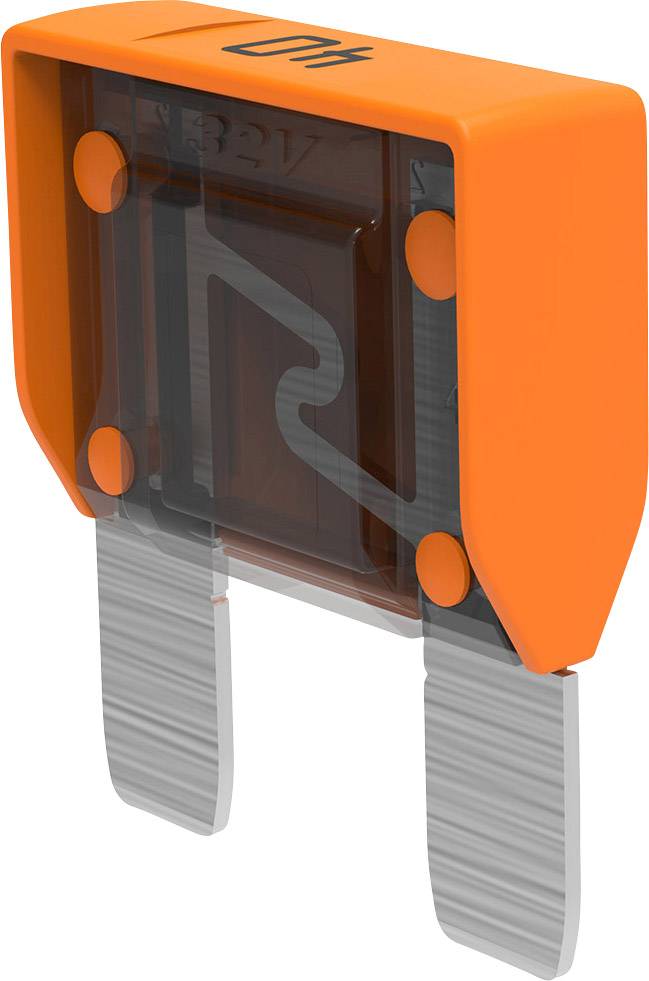 Electronic fuse with an orange housing and two metal contacts, used in the automotive sector for circuit protection.