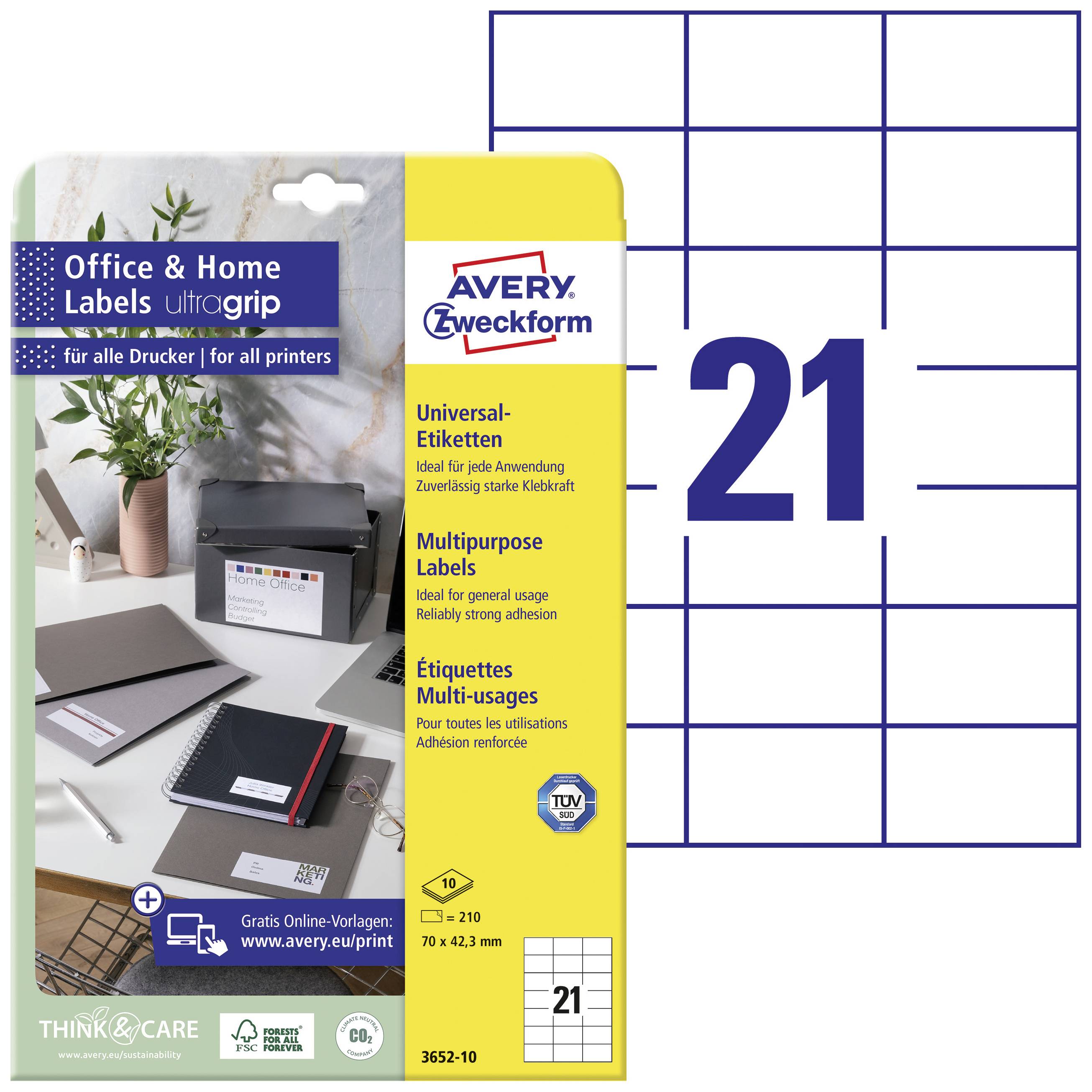 Packaging of Avery Zweckform universal labels with ultra-strong adhesion, suitable for various applications. Size: 70 x 42.3 mm.