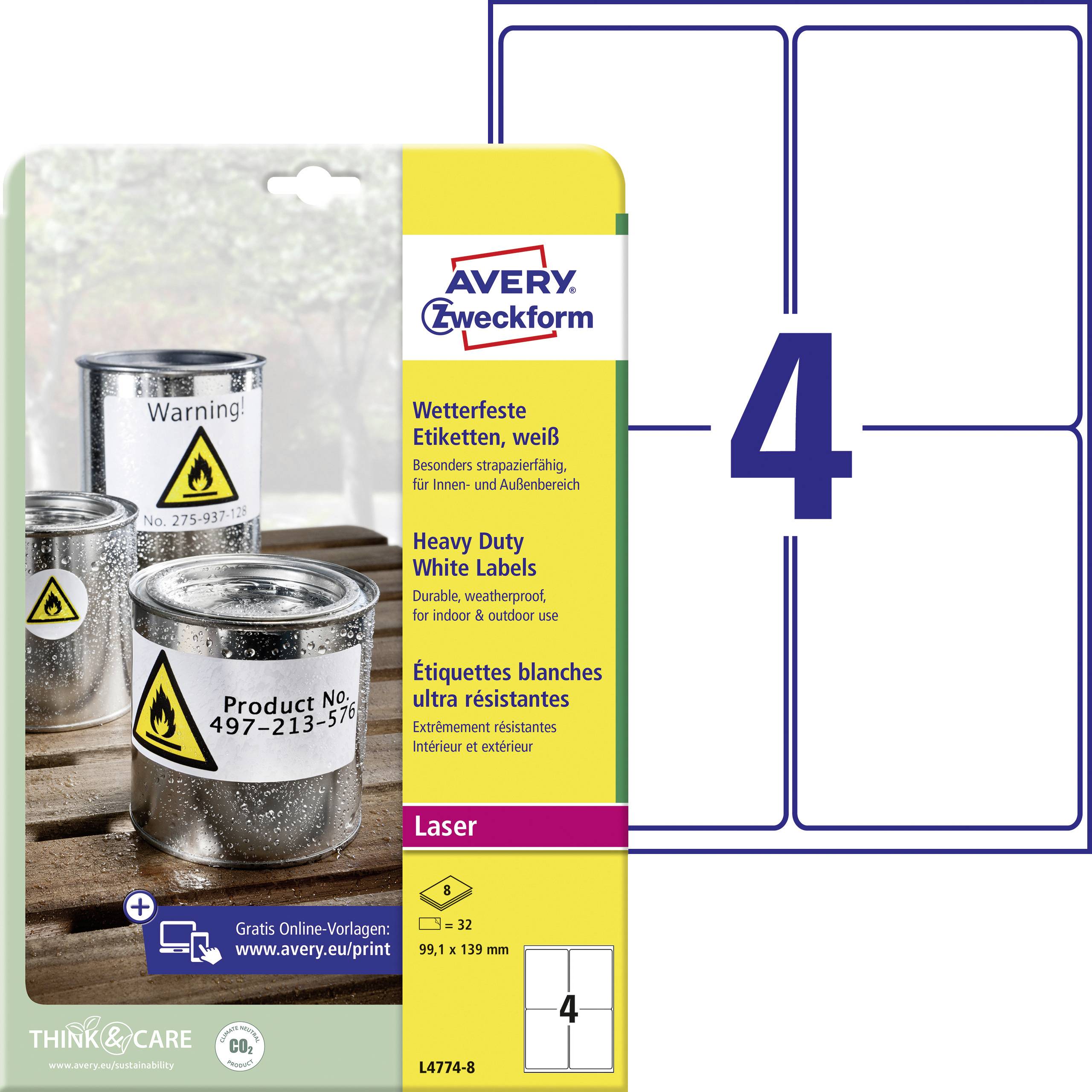 'Labels for use in indoor and outdoor areas. Four heavy white labels per sheet. Bucket with warning symbol and 'Product N-276' labelling.'