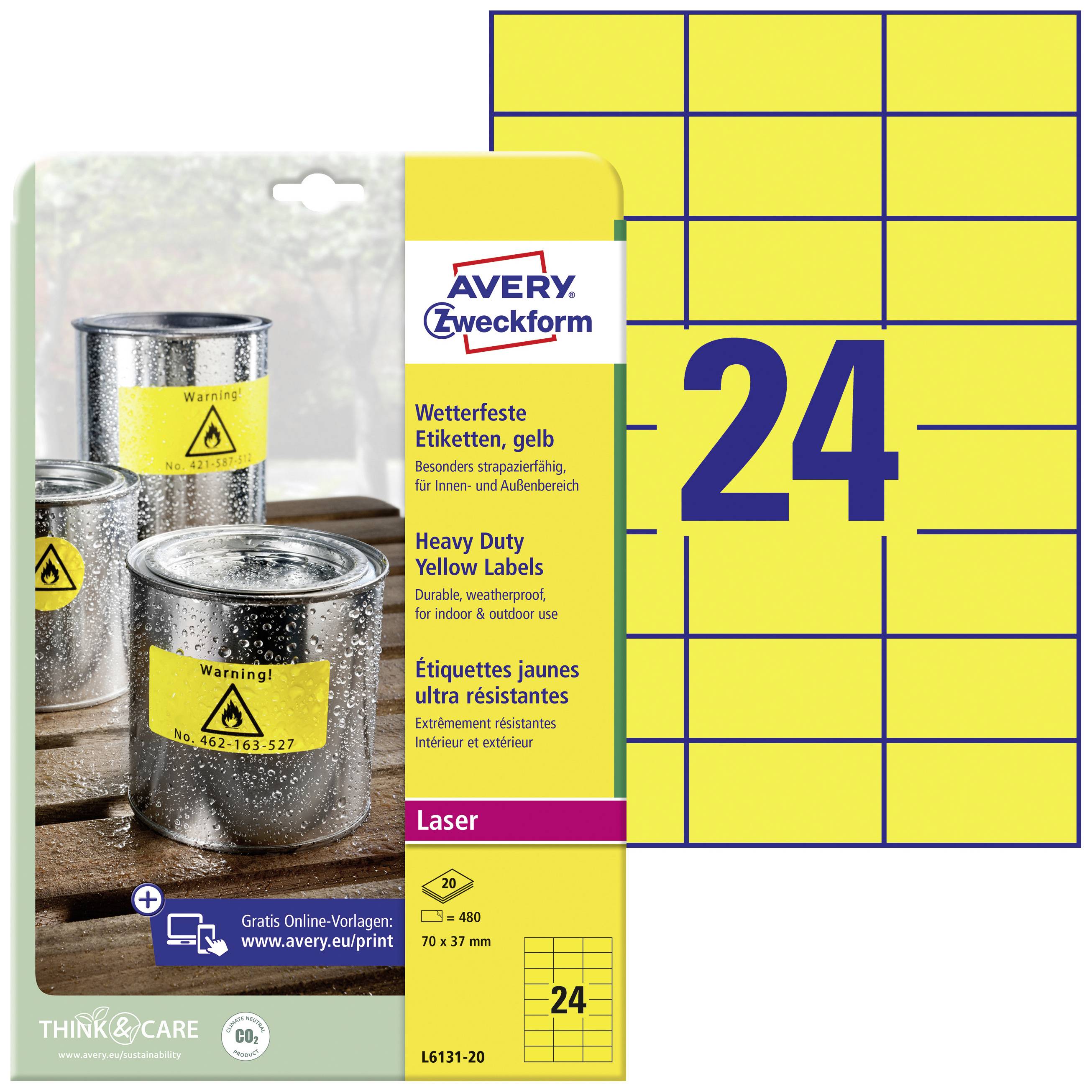Labels for extreme conditions, weatherproof, yellow. Ideal for warehouses and industry. 24 labels per sheet. Avery Zweckform.