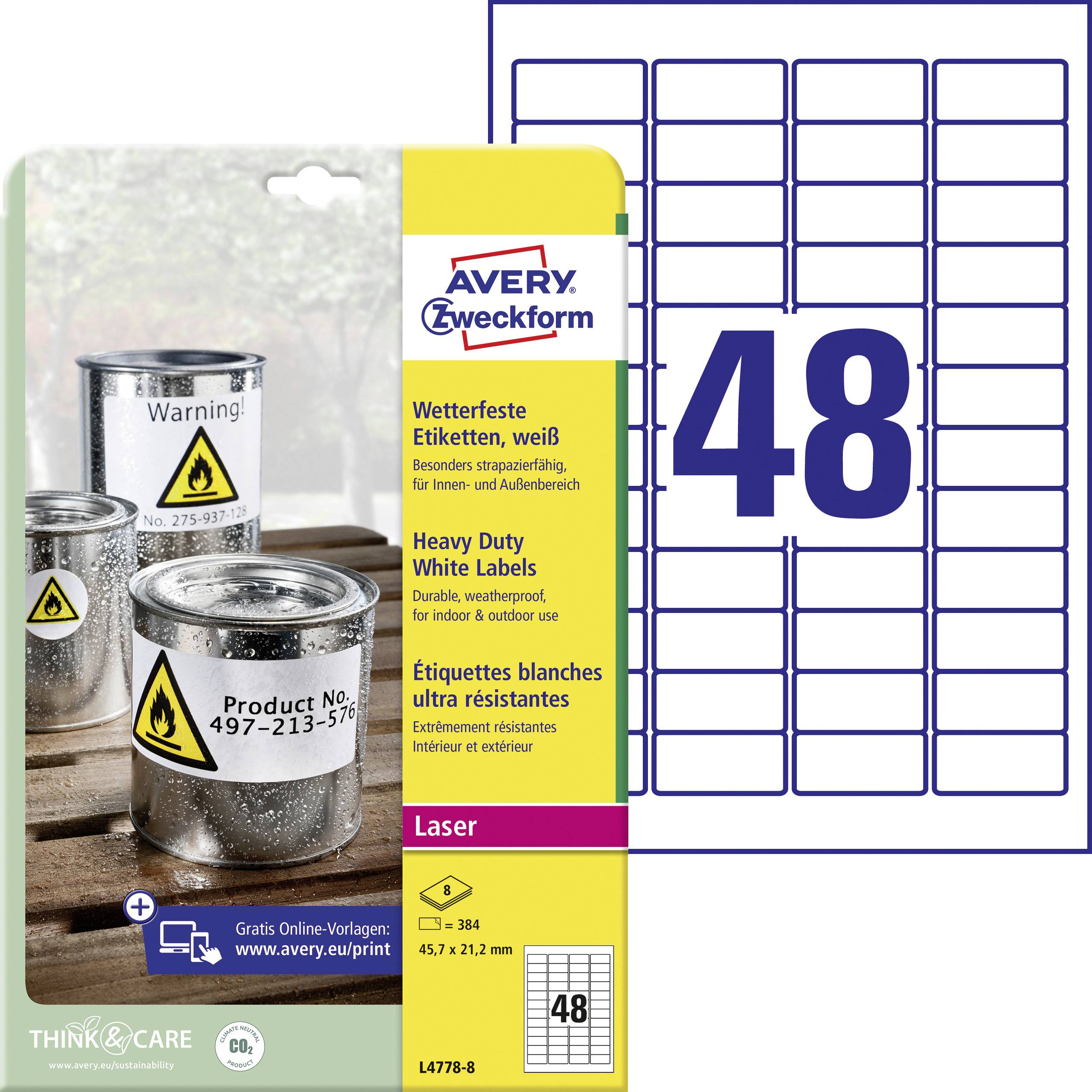 'Three silver tins with a yellow warning symbol and text 'Product No. 497-213-56'. Beside this, a label packaging by 'Avery Zweckform' with 48 labels per sheet.'
