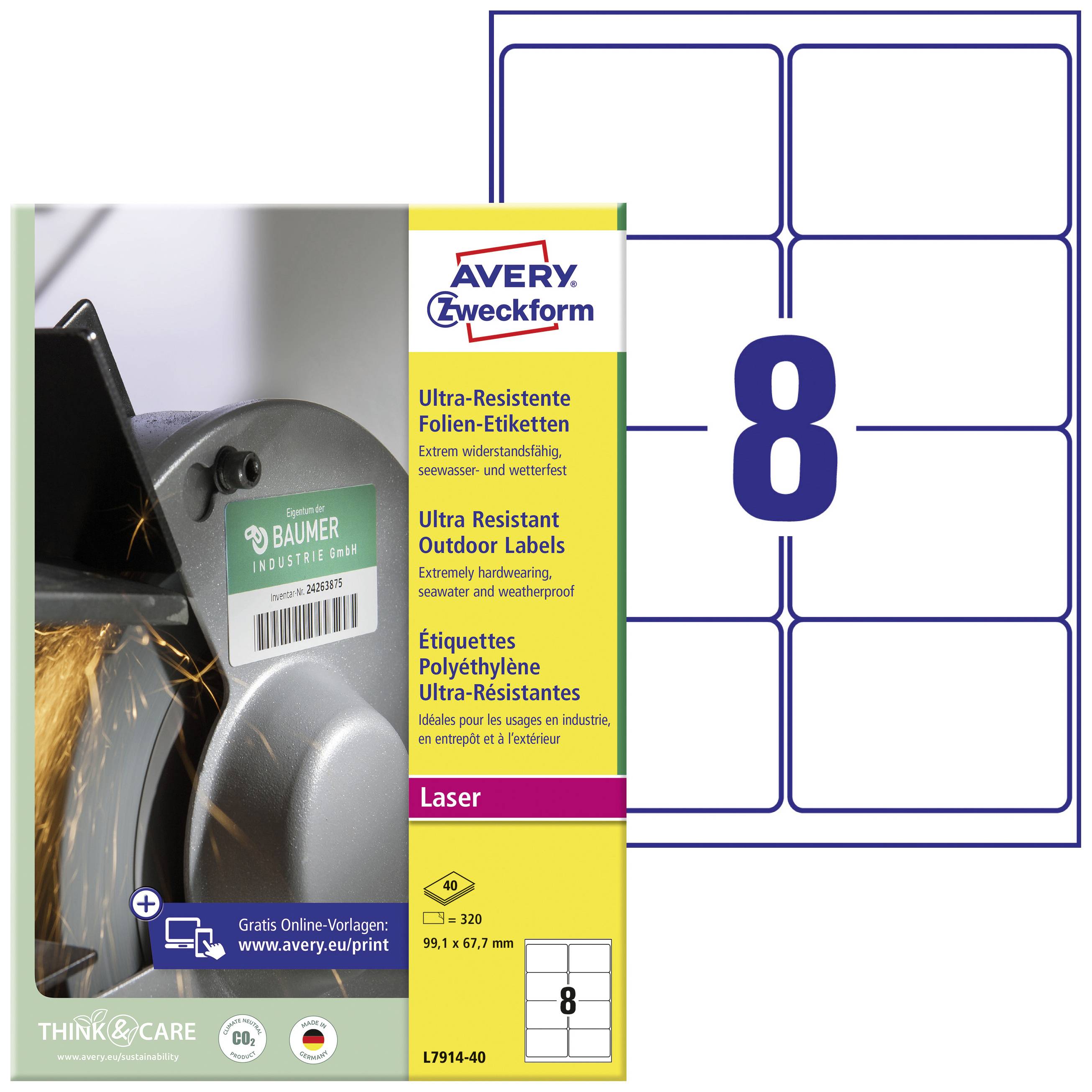 Avery Zweckform Ultra-Resistant Film Labels for Laser Printers. Contains 8 labels per sheet. Size 90.1 x 67.7 mm.