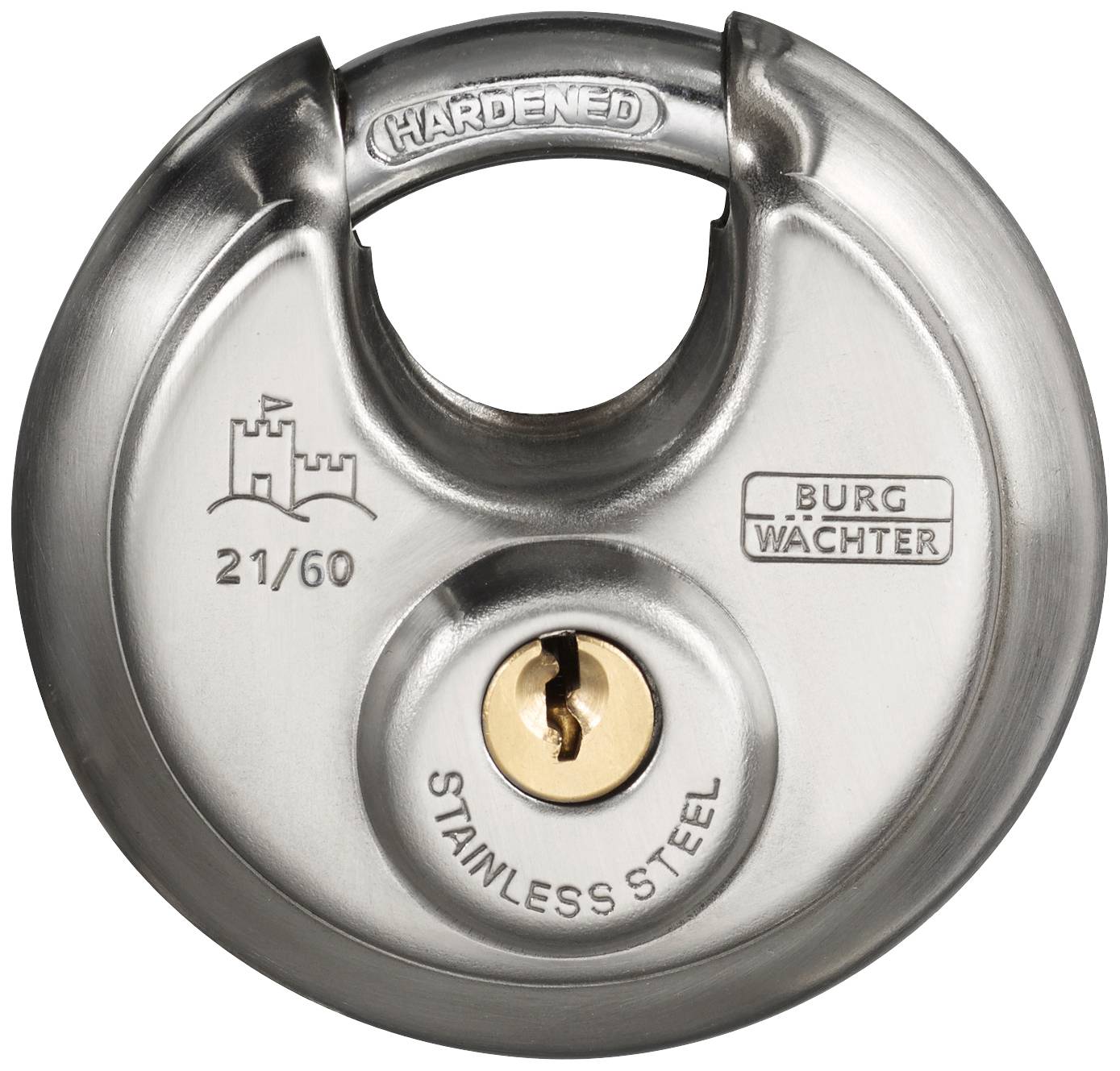 A silver, round padlock with engraved logos and the inscription 'Hardened' and 'Stainless Steel'. Brand name 'Burg Wächter'.