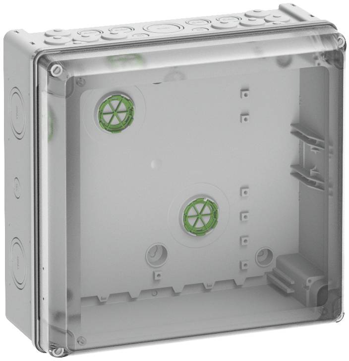 Empty plastic enclosure with transparent lid, suitable for mounting electronic components.