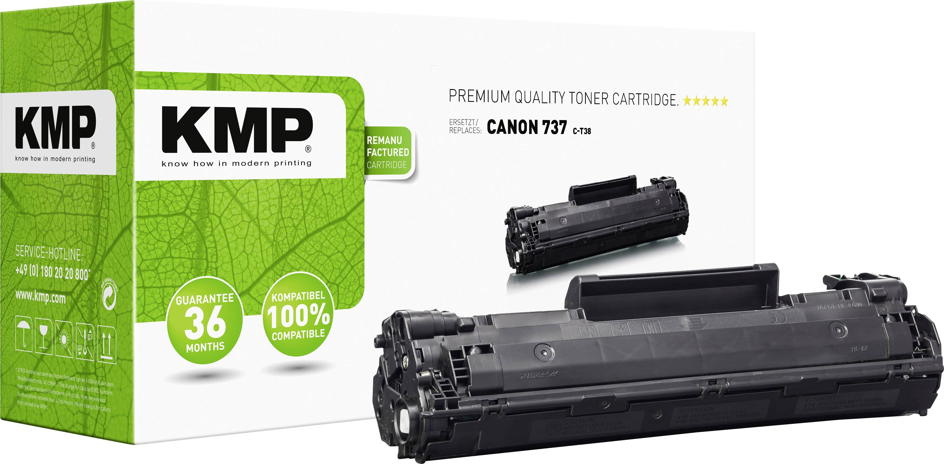 KMP toner cartridge and packaging, model Canon 737. Packaging emphasises high quality, environmental friendliness, and a 36-month guarantee.