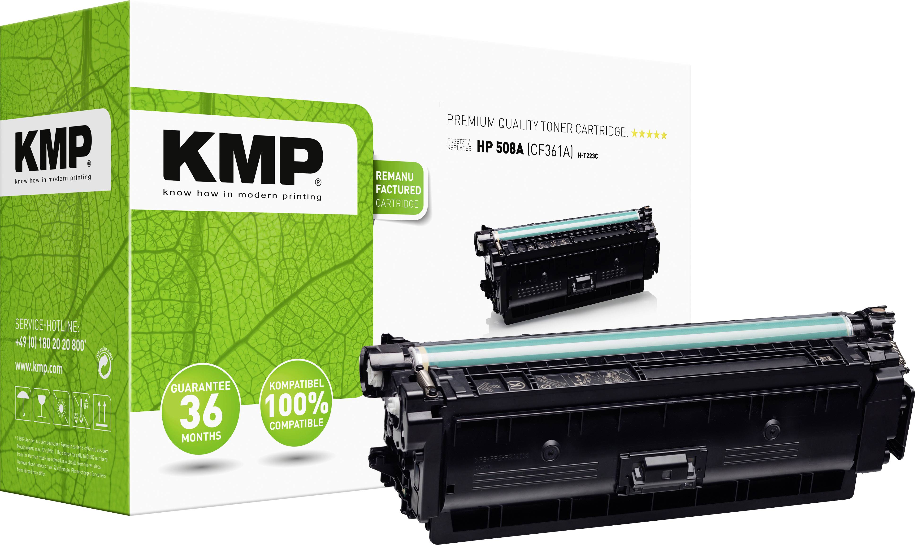 Toner cartridge and packaging of the brand 'KMP', Model HP 508A, in black. Packaging emphasises 36 months warranty and 100% compatibility.