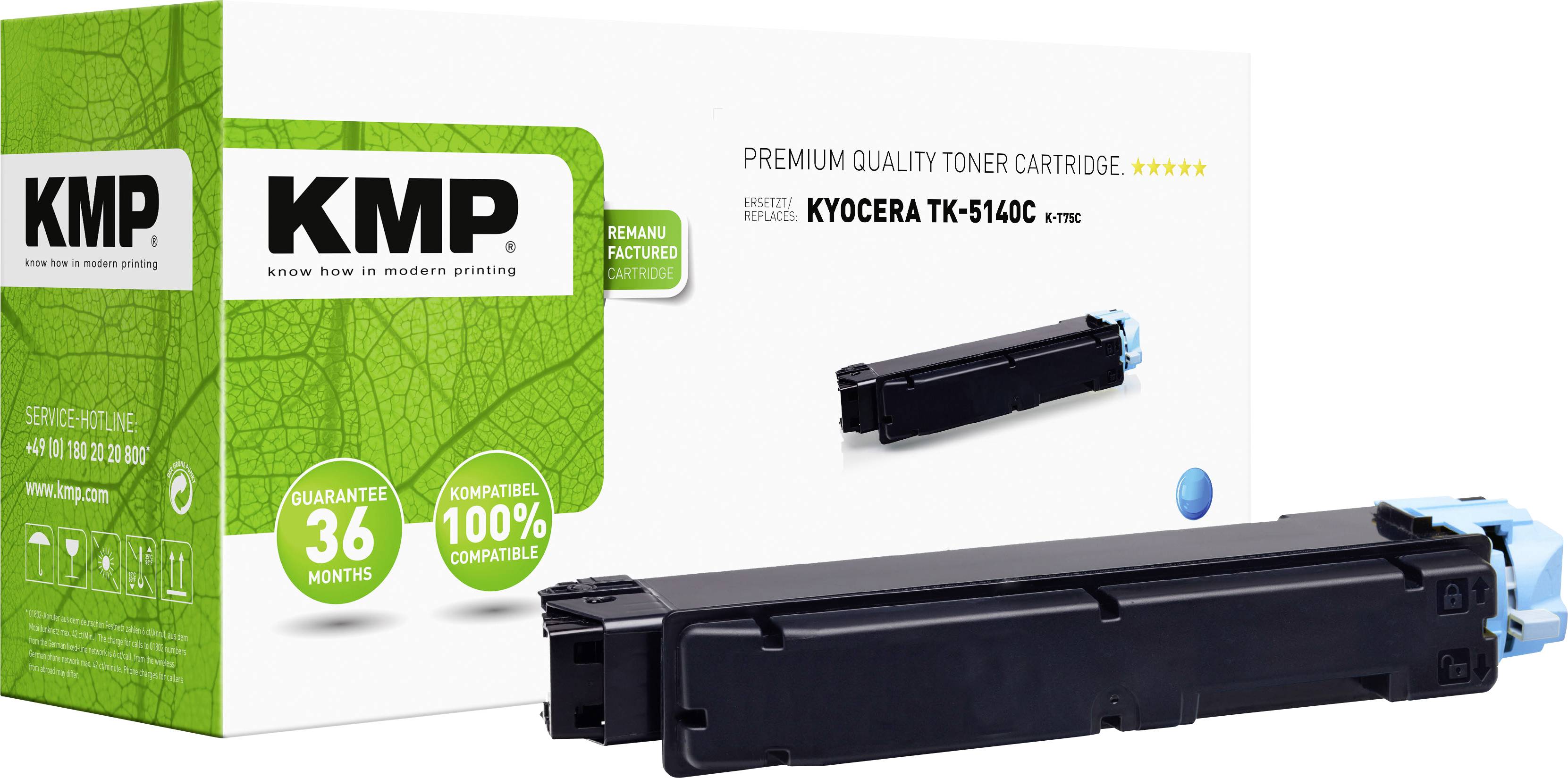 KMP ink cartridge for Kyocera TK-5140C printer. The packaging states 'Premium Quality Toner Cartridge', with a 36-month guarantee.