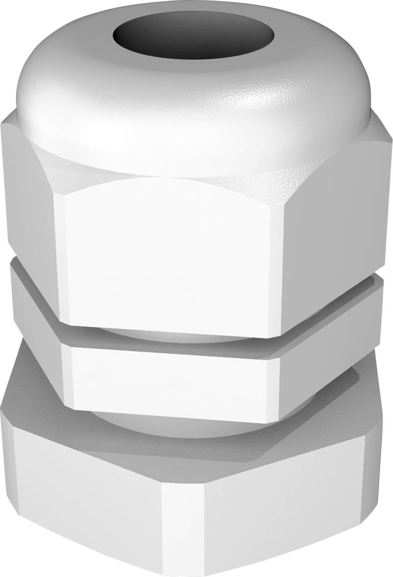 A white, hexagonal plastic screw fitting, likely used for cable gland or cable entry applications.