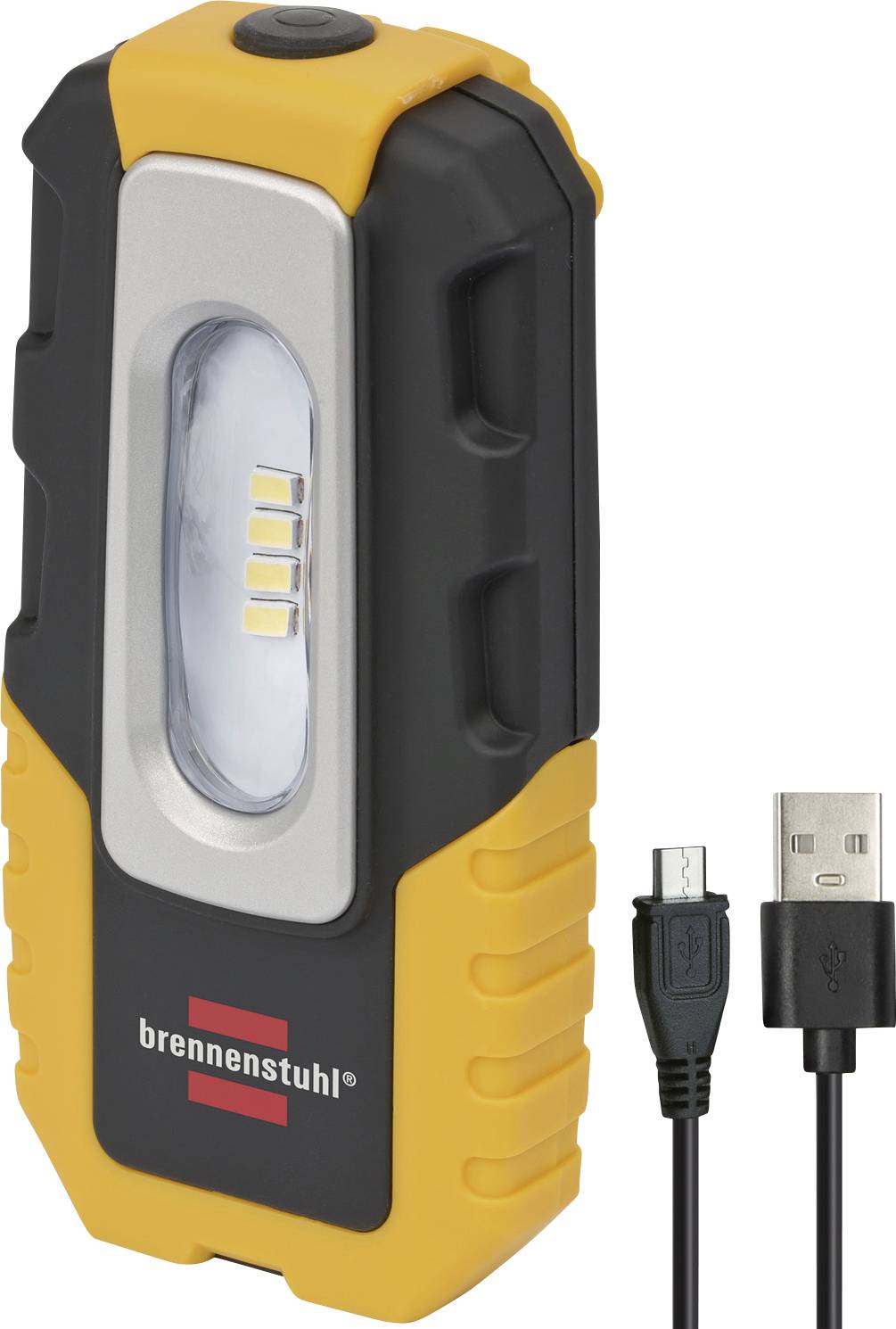 Portable rechargeable LED work light with black-and-yellow casing, front LED panel, and included USB charging cable