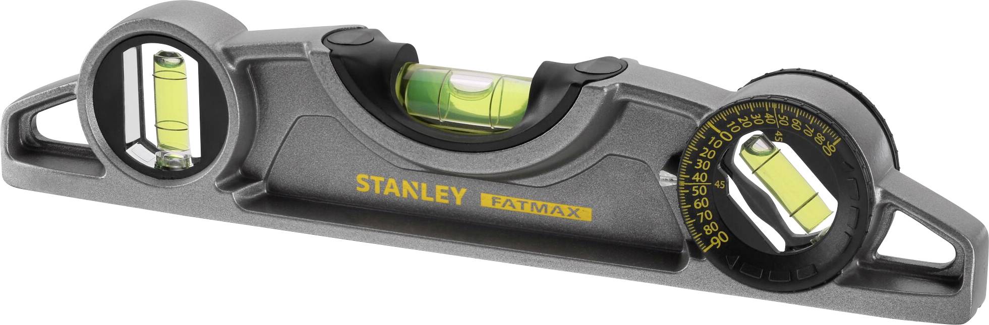 A grey spirit level with three vials for checking horizontal and vertical alignment. The 'Stanley FatMax' brand is visible.