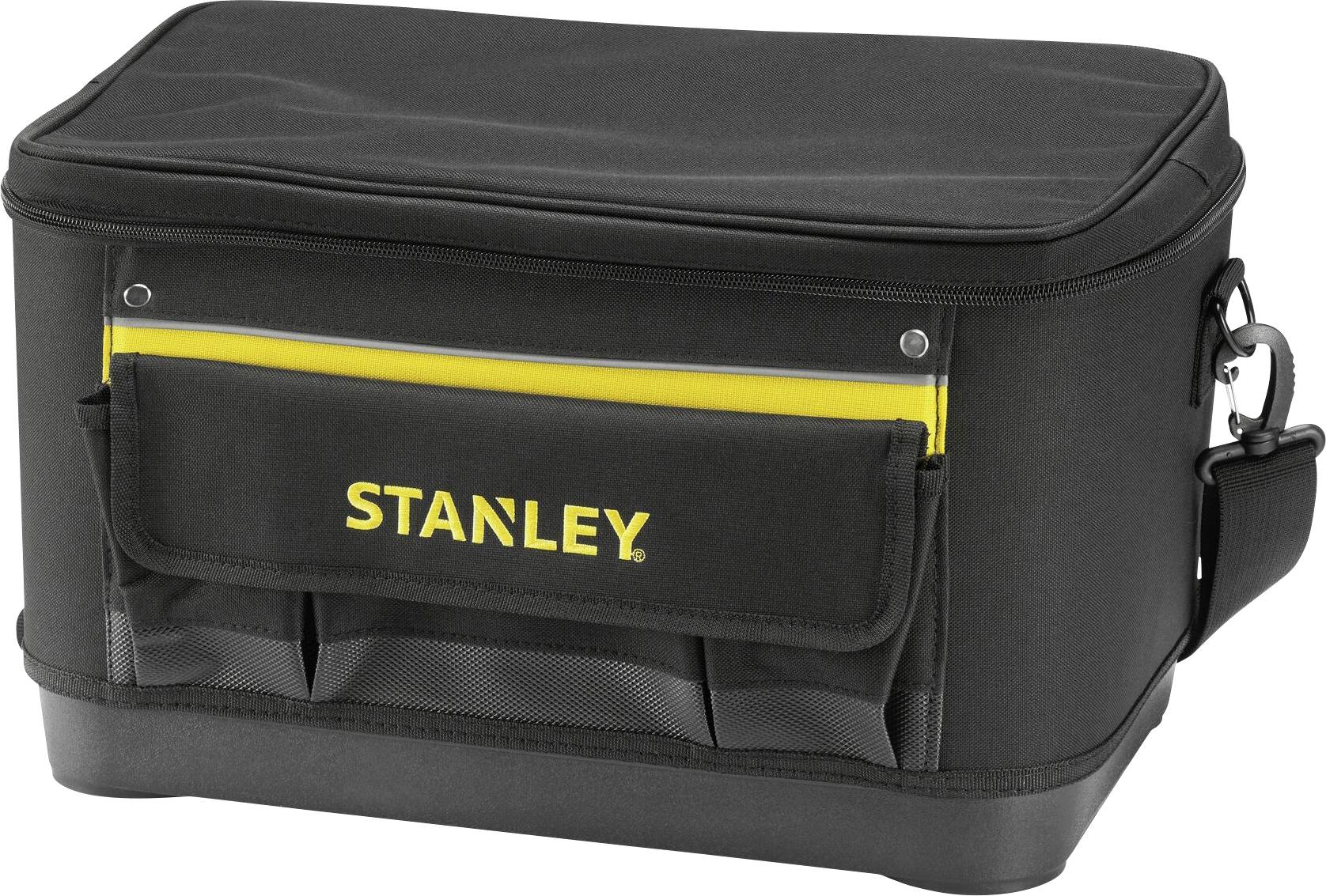 Black tool bag with yellow Stanley logo print and multiple compartments.