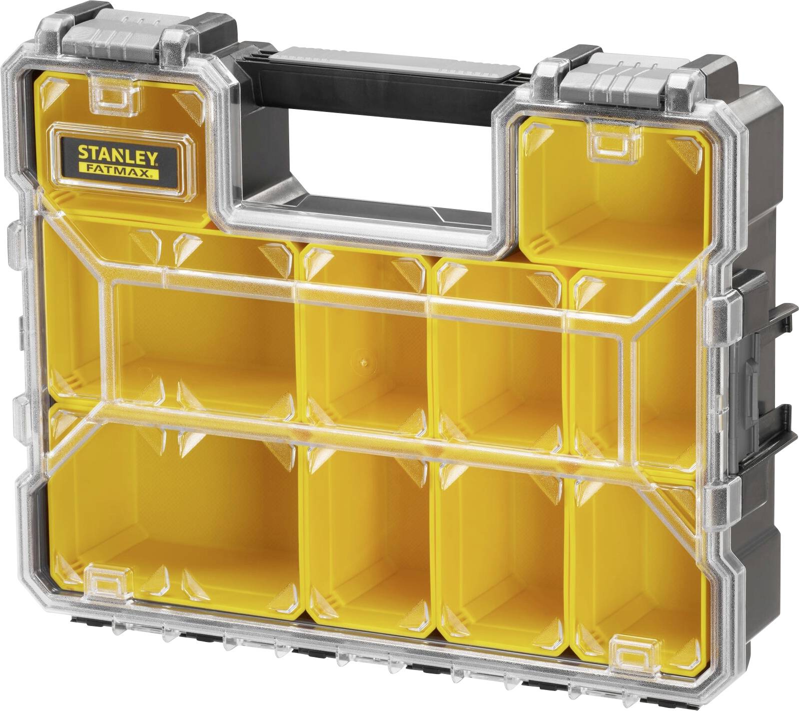 Plastic organiser with ten yellow compartments and a black handle, suitable for storing small tools or accessories.