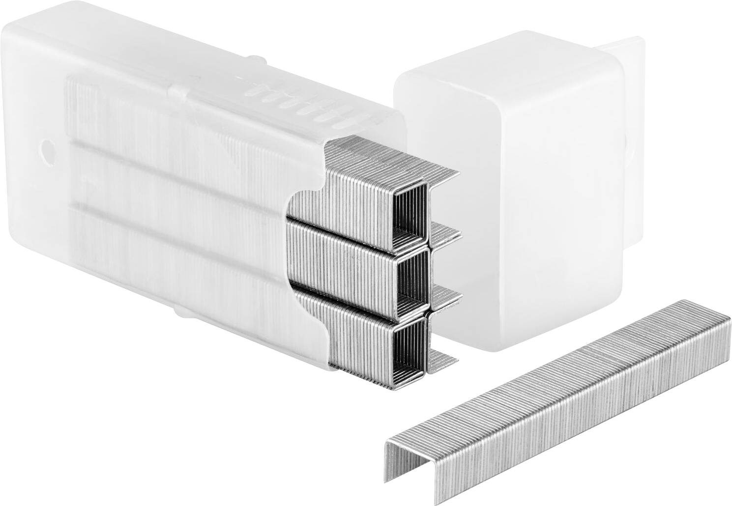 Metal staples for staplers, stacked and stored in a transparent plastic container. One staple is placed separately in front.