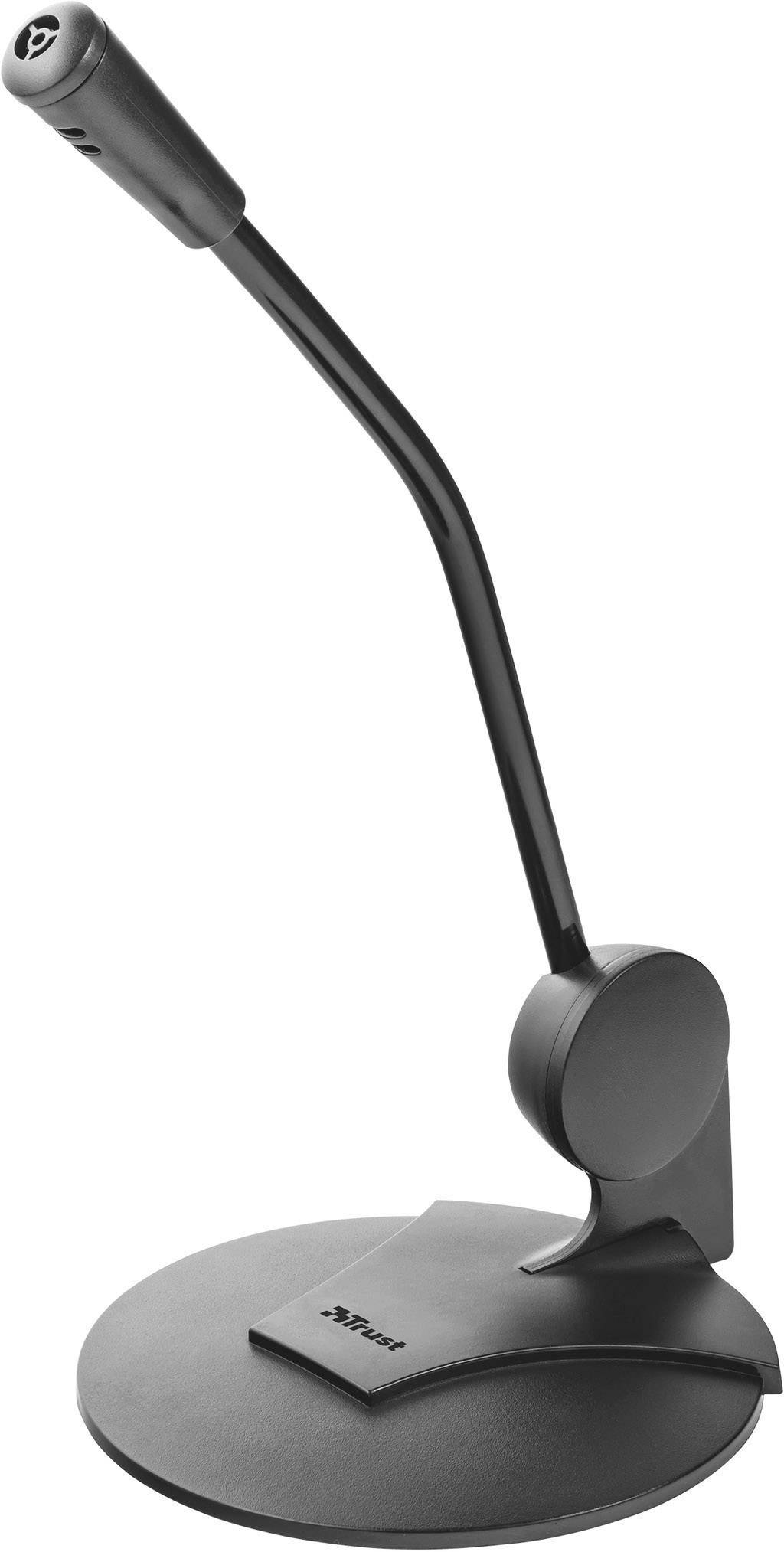 A black desk microphone with a flexible gooseneck on a round base. Suitable for voice recordings or presentations.