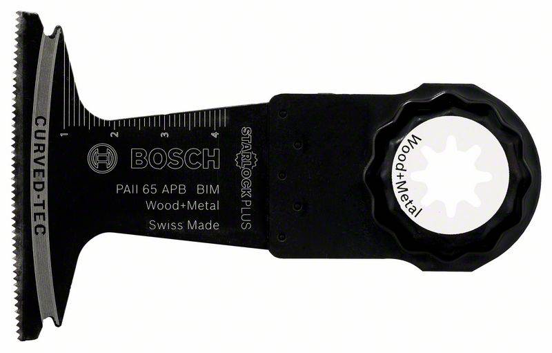 Bosch Saw Blade for Multitool, 'PAII 65 APB BIM', suitable for wood and metal, with scale, curved cutting edge for precise cuts.