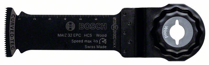 Black oscillating saw blade by Bosch with engravings for woodworking, includes a measurement table and inscription 'Wood'.