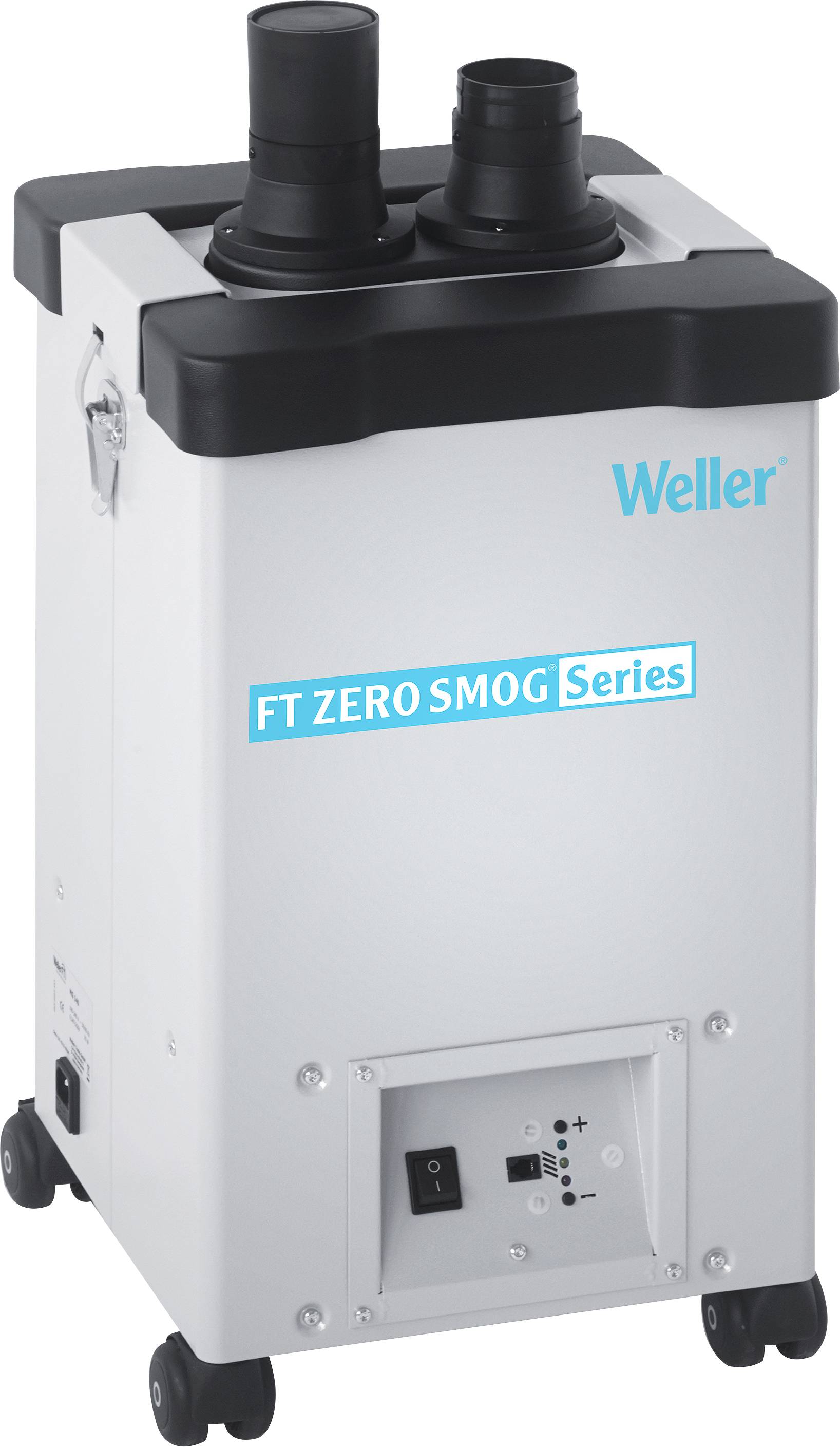 Weller FT Zero Smog Series air filtration unit on wheels, with two connections at the top and control switches at the bottom, for clean air.