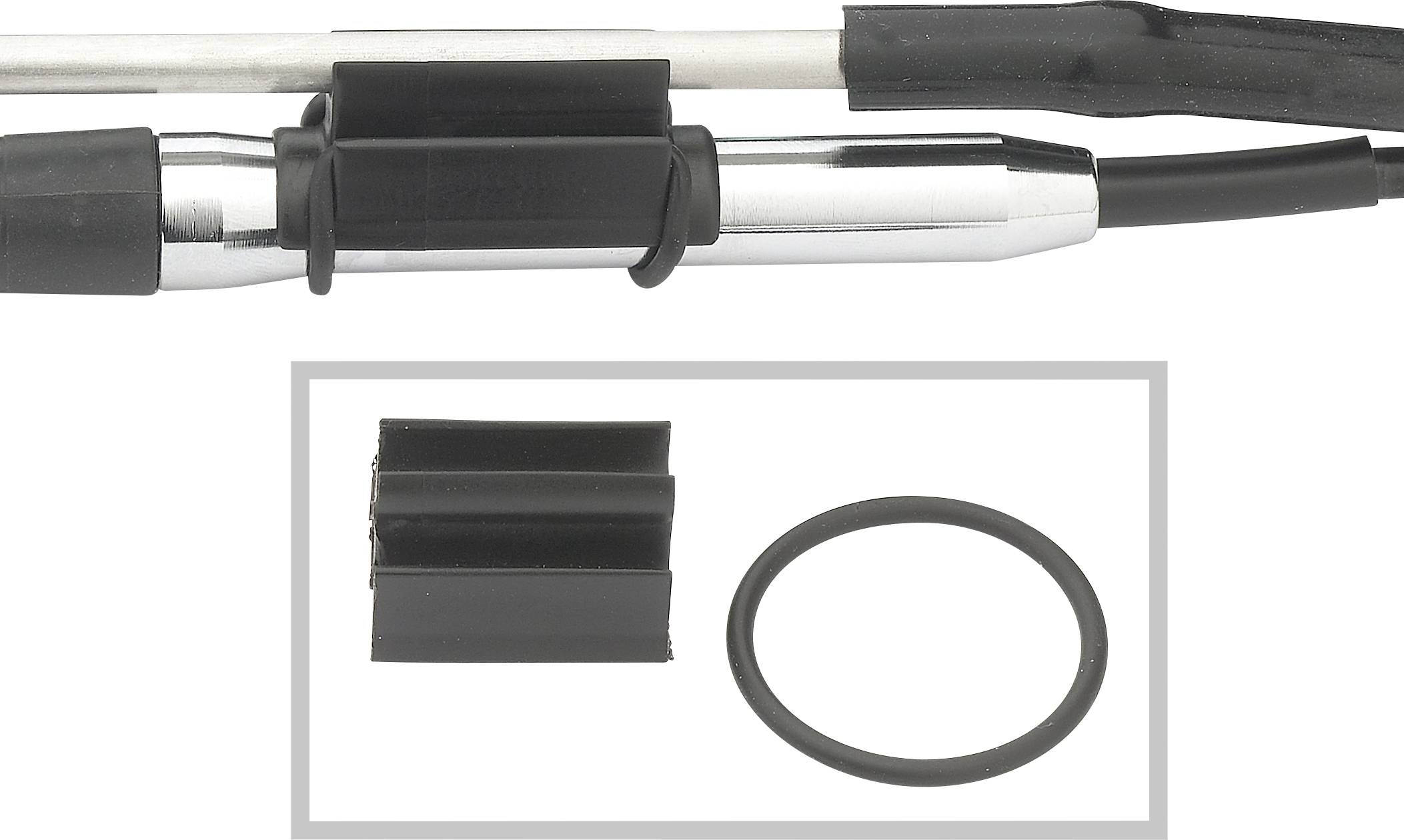 Close-up of a metal and plastic connector with a black casing. In the foreground is a separate gasket ring illustration.