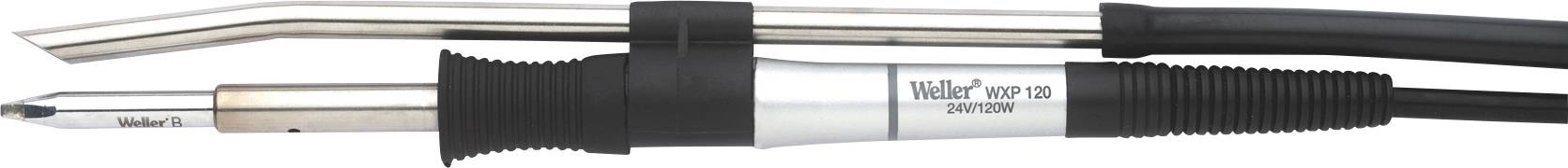 Soldering iron with a black handle, long metal tip, and cable. Brand marking on the side of the handle.