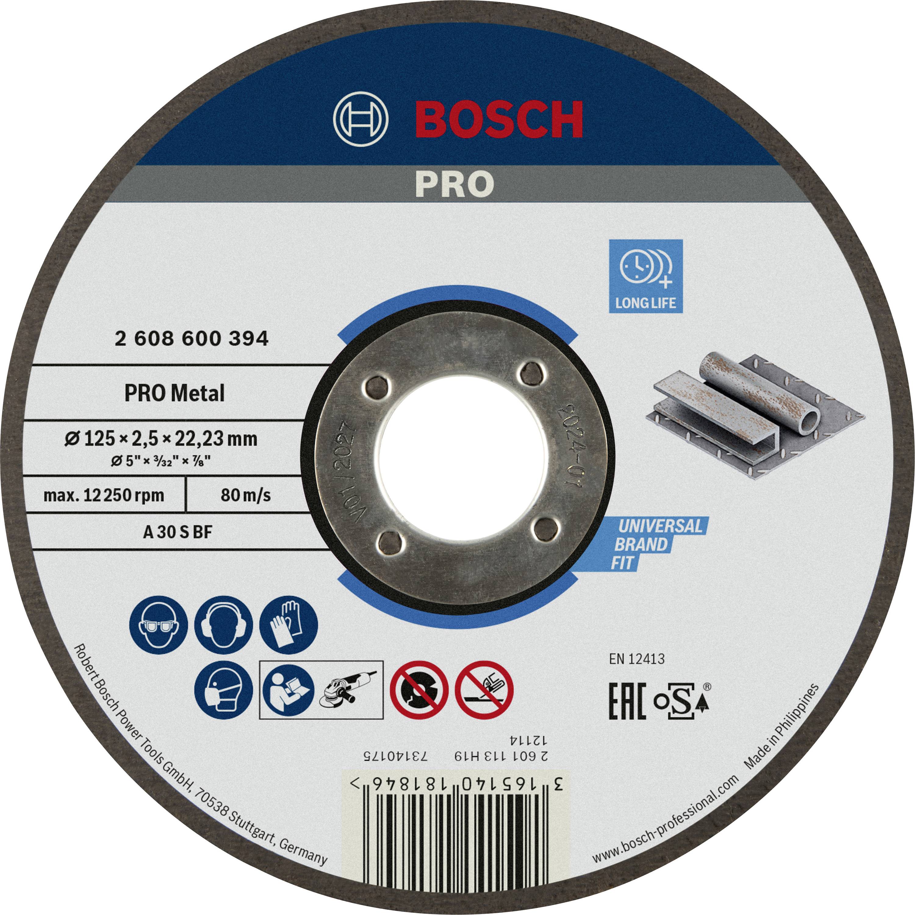 Bosch grinding disc for metal, 125 mm, max. 12,250 rpm, with 'Long Life' function. Suitable for various grinding machines.