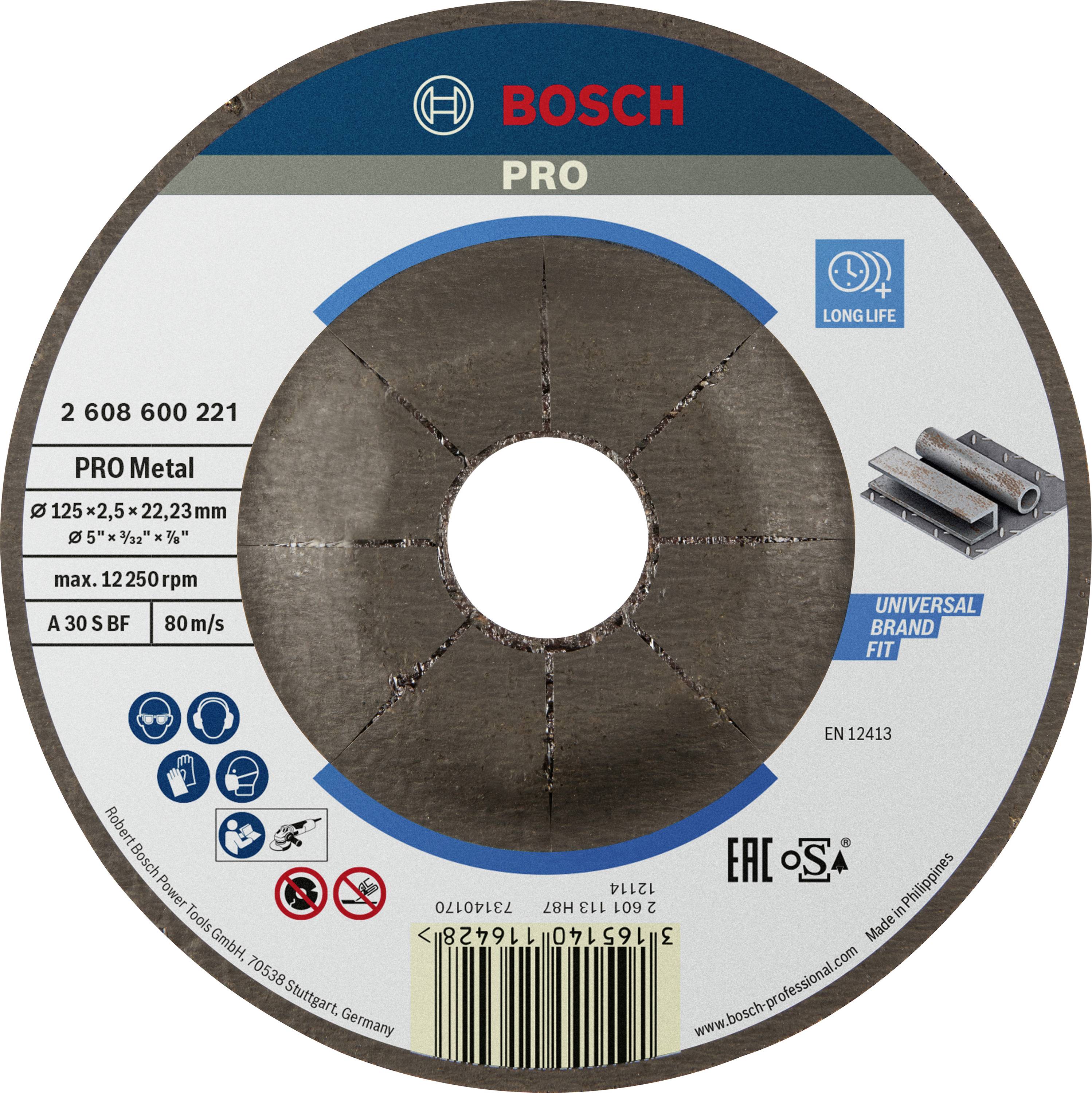 Bosch 'PRO' grinding disc for metal, size 125x2.5x22.23 mm, 80 m/s. Suitable for universal brands, long-lasting.