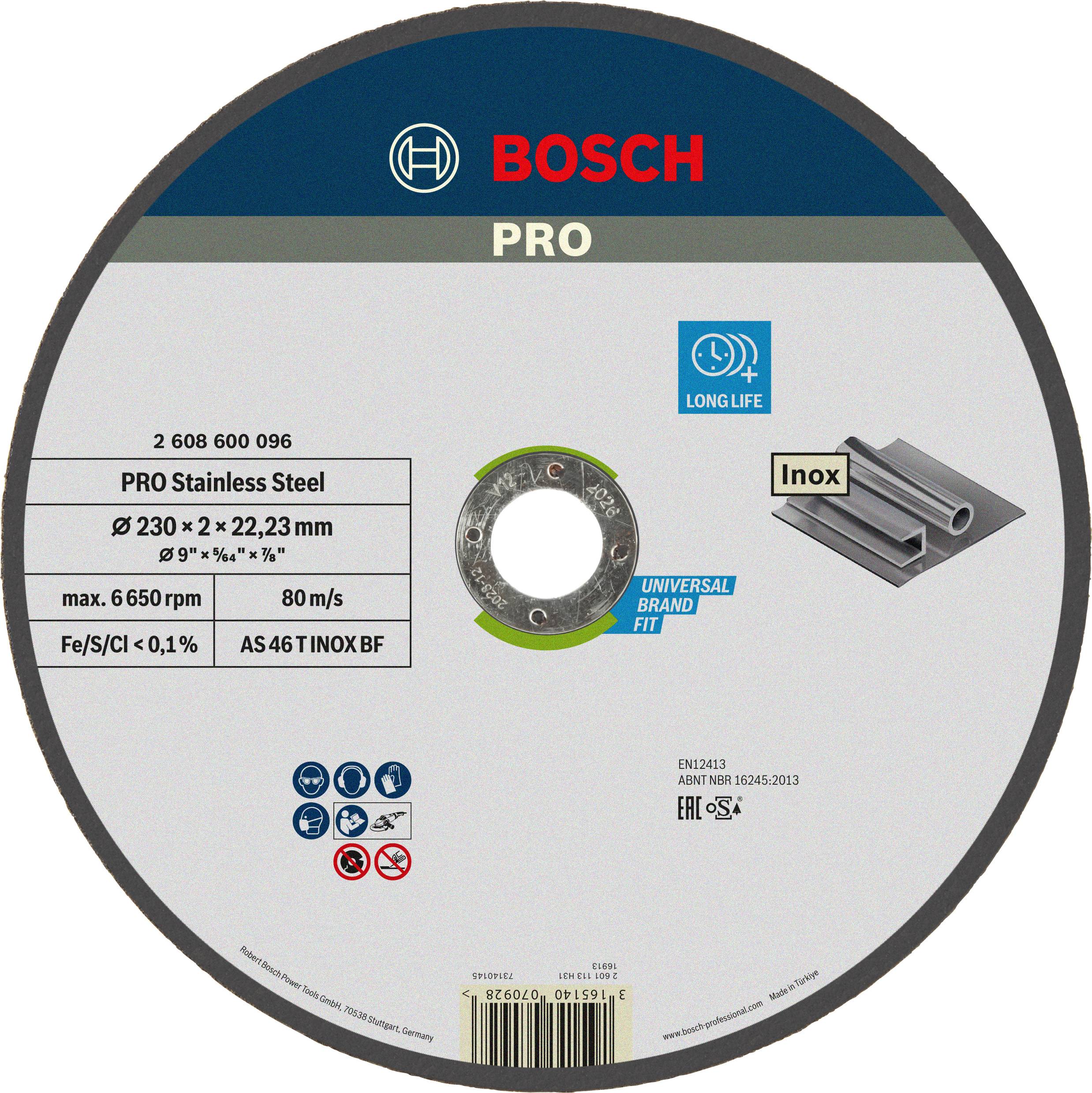 Bosch grinding disc for stainless steel, 'Pro Stainless Steel' model, 230 mm diameter, 2 mm thickness, 6650 rpm.