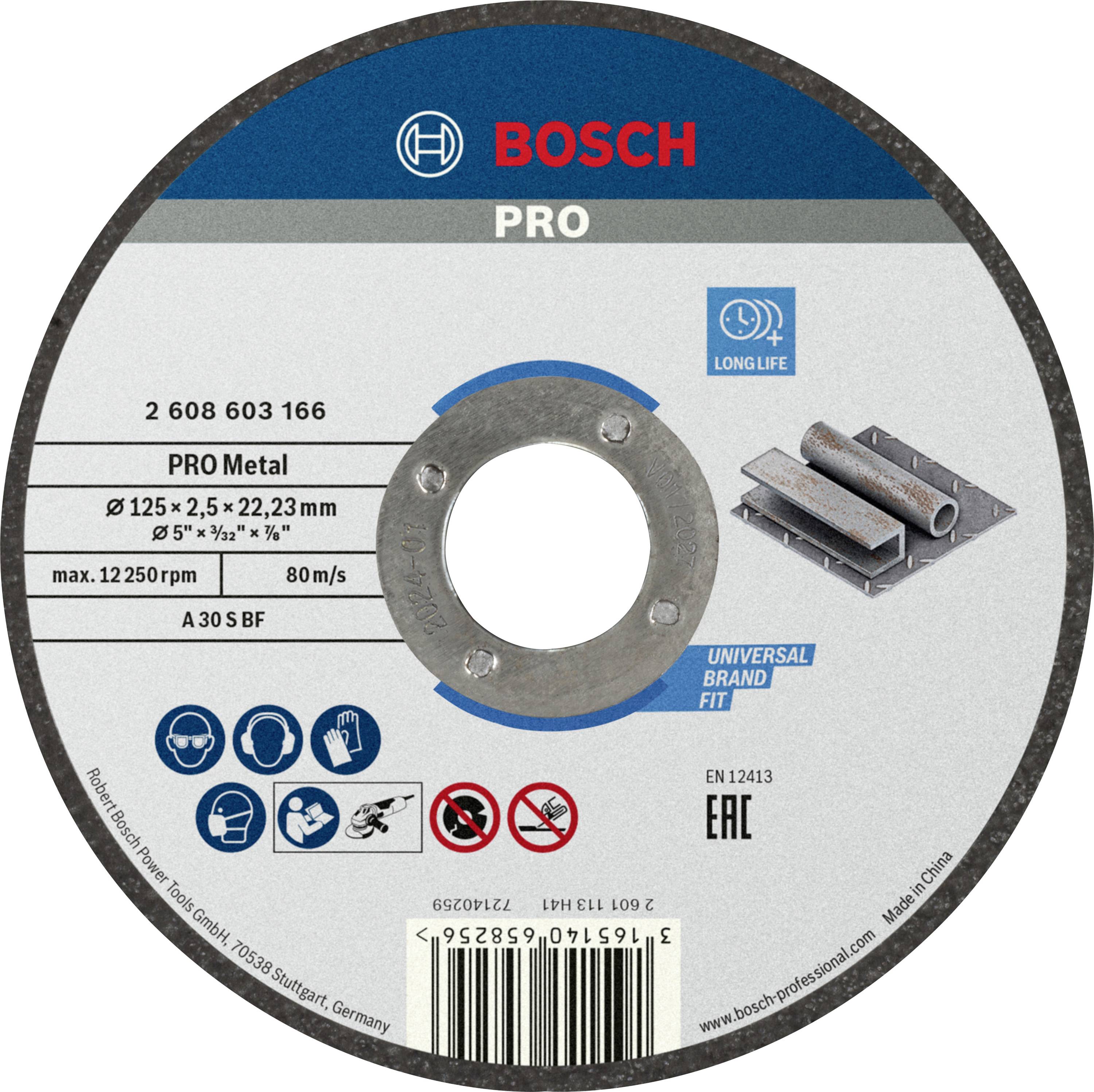 Bosch PRO grinding disc for metal, diameter 125 mm, bore 22.23 mm, maximum rotational speed 12,250 rpm, suitable for long-lasting performance.