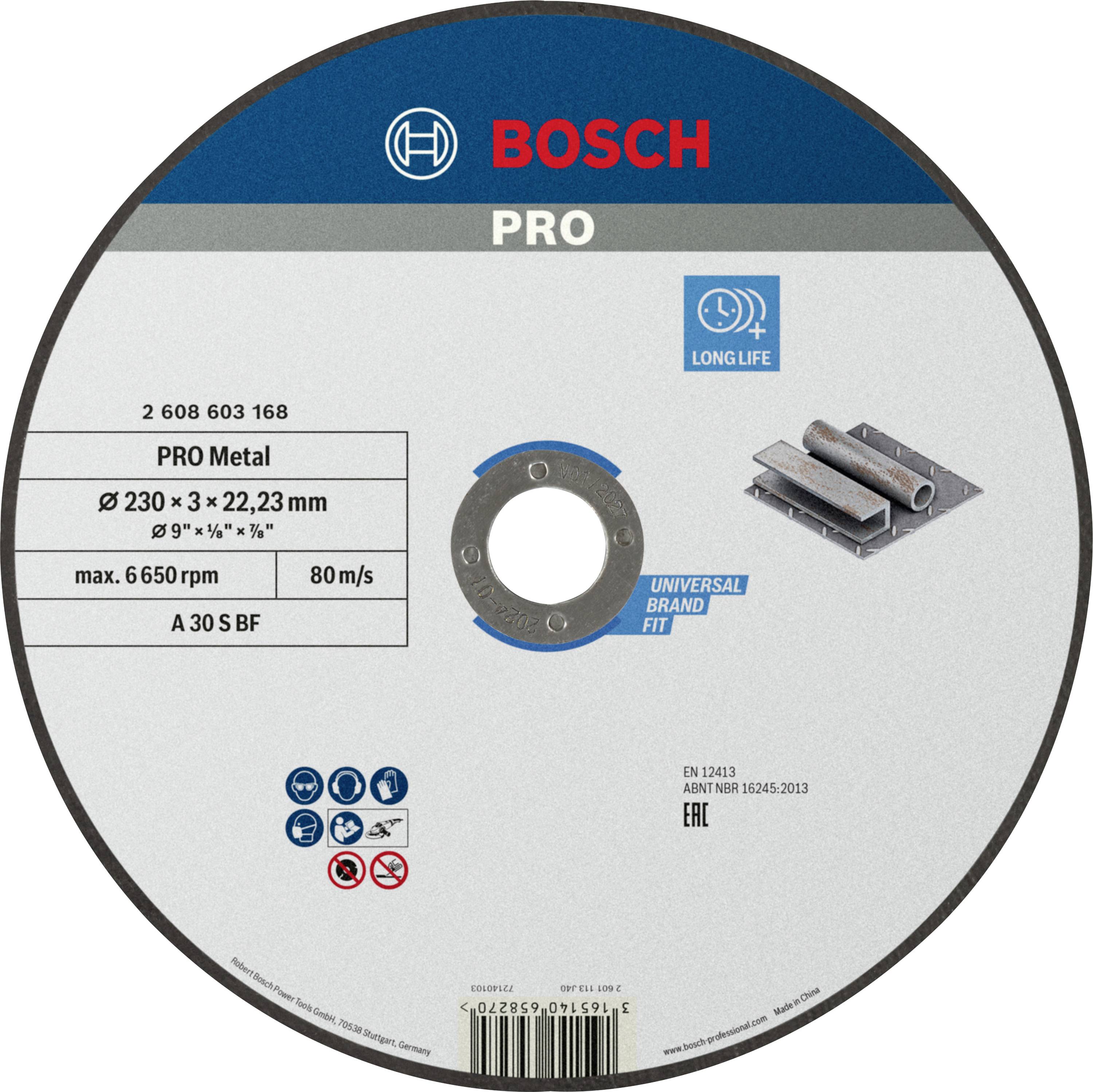 Bosch grinding disc for metalworking, diameter 230 mm, max. 6,650 rpm, 80 m/s. Universally applicable, long-lasting.